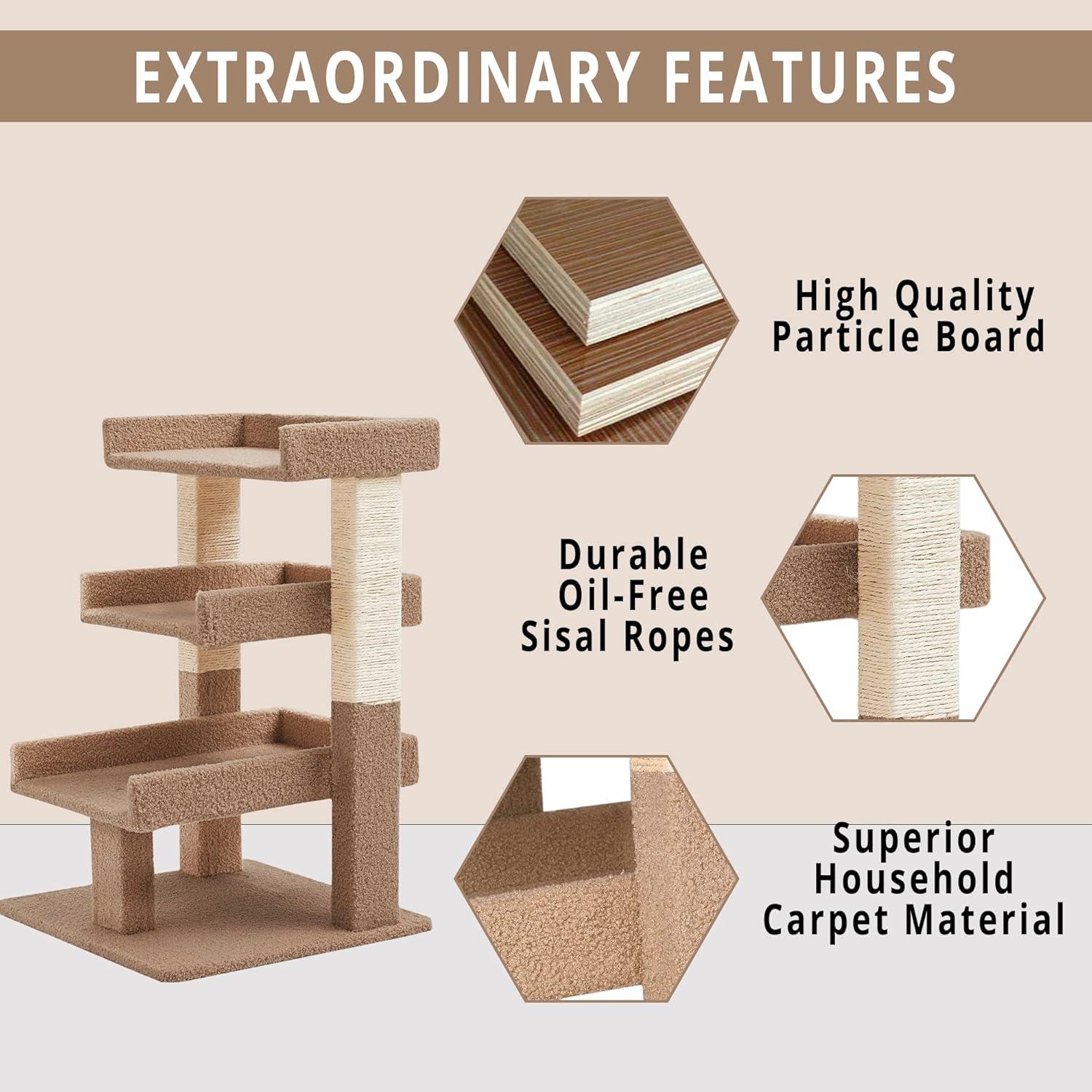 Nala 3-Tier Cat Tree Tower for Indoor Cats – Large Cat Tower & Cat Condo for Large Cats | Cat Tree House & Cat Castle for Multi-Cat Homes - Beige