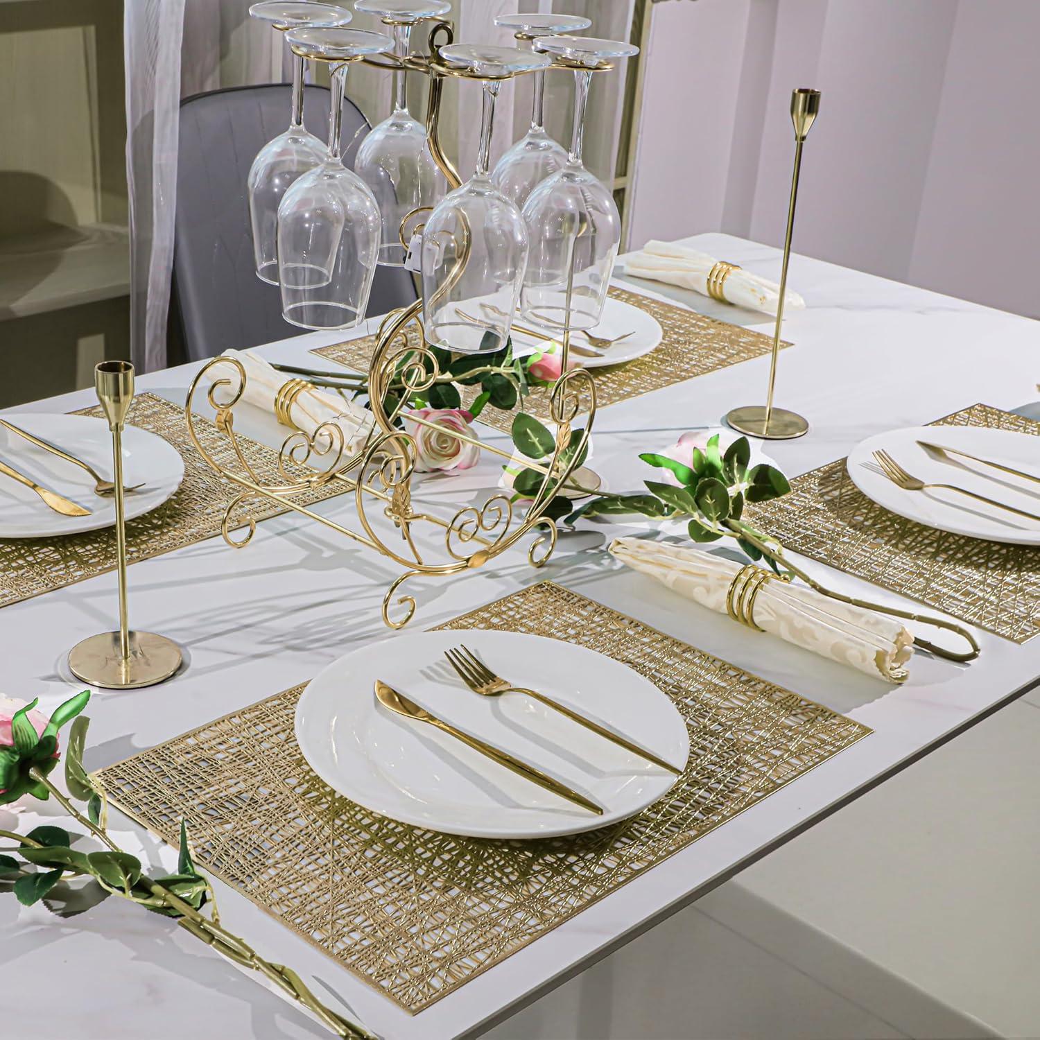 Holzlrgus Gold Rectangle Placemats Set of 4 Metallic Vinyl Easy to Clean Non-Slip Stain Heat Resistant Washable Wipeable Morden Abstract Table Mats for Dinning Wedding Party Festival