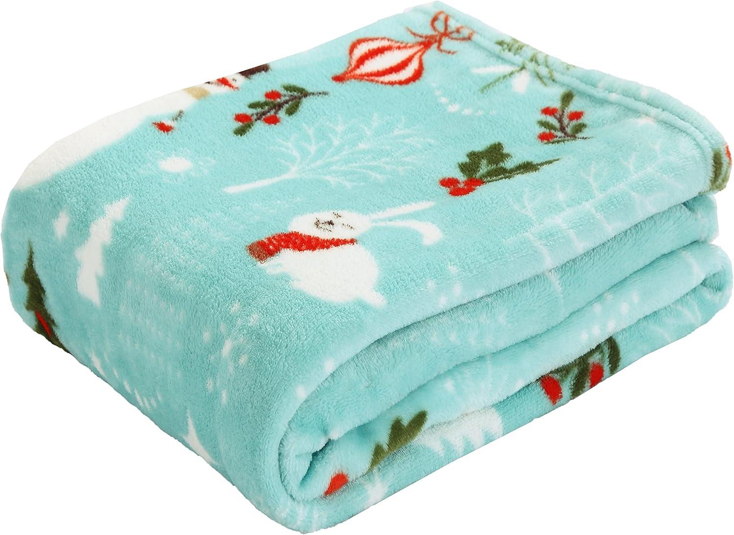 Teal Holiday Fleece Throw Blanket with Santa and Snowman, 50" x 60"