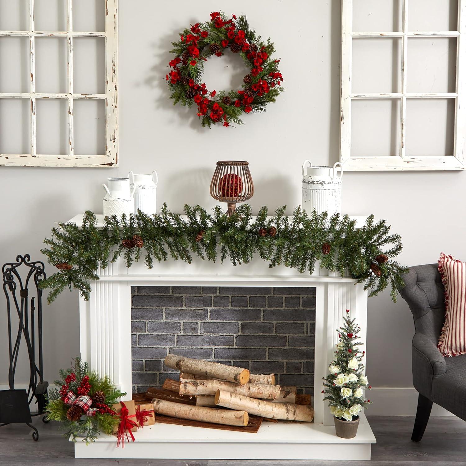Nearly Natural Plum Blossom Pine Wreath (24"): Faux Floral Wall Decor for Indoor, Unlit Winter Display