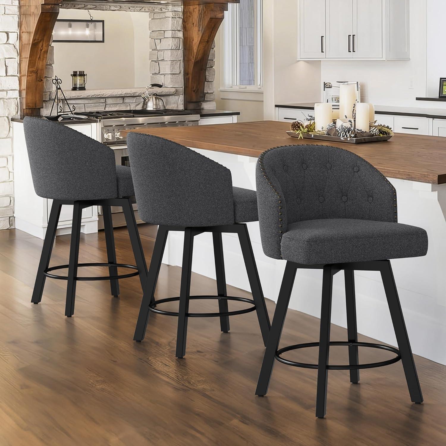 Dark Grey Fabric Swivel Counter Height Bar Stools with Metal Legs