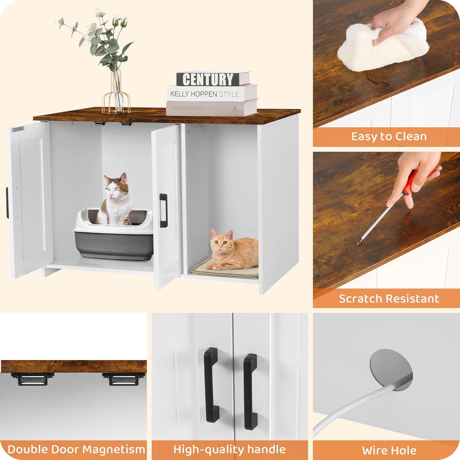 Litter Box Enclosure, Cat Litter Box Furniture Hidden, With Scratching Mat, Wooden Cat Washroom Indoor, Fit Most Of Litter Box, 31.5" L X 19.7" W X 21.7" H, White + Warm Brown