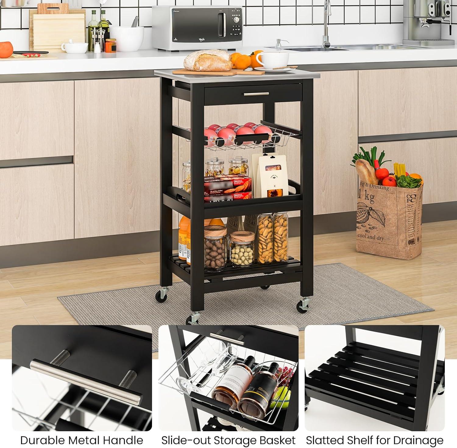 Resenkos Kitchen Island Cart with Stainless Steel Tabletop and Basket-Black, Kitchen Island, Island Table for Kitchen,Dinning Room