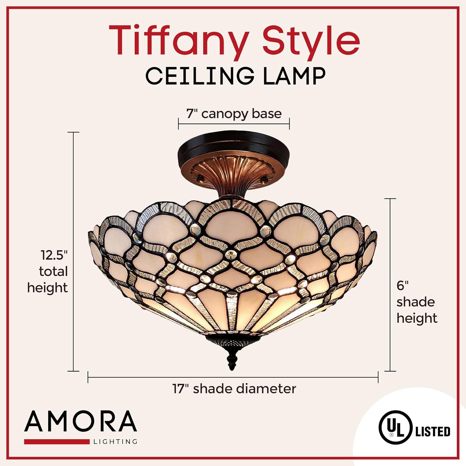 Amora Lighting Tiffany Style Ceiling Fixture Lamp Jeweled 17" Wide Stained Glass White Bedroom Hallway Gift AM108CL17B