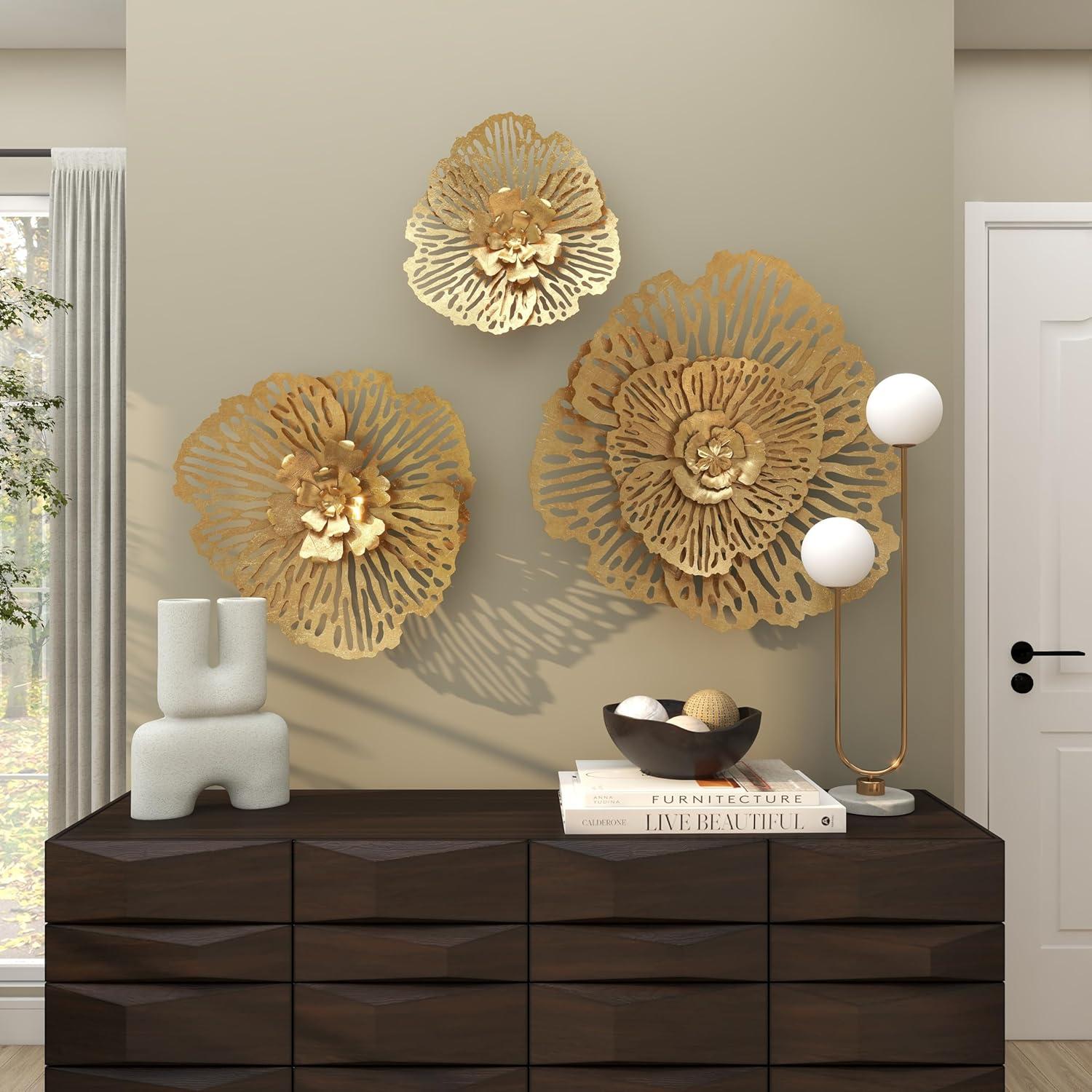 Gold Metal Floral 3D Wall Sculpture Set