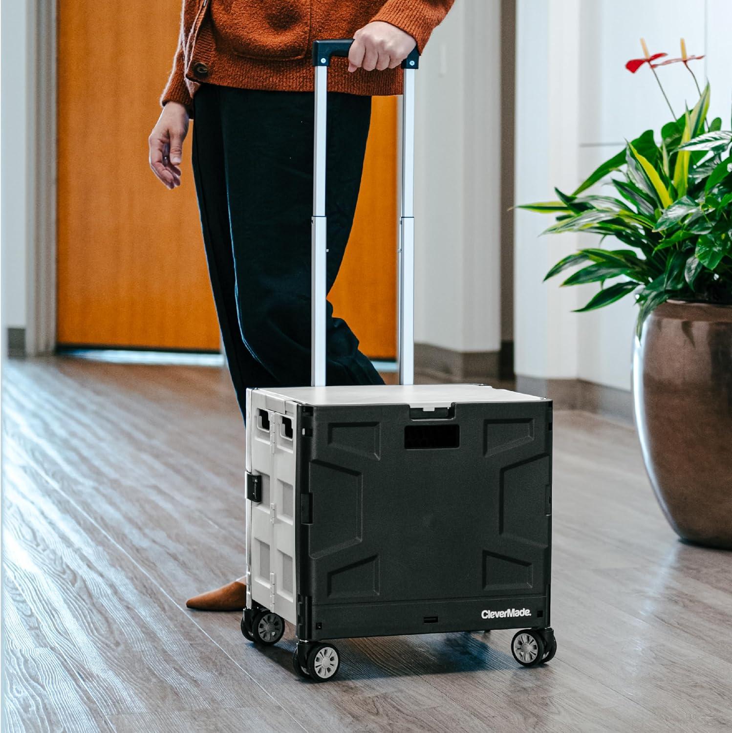 CleverMade Wheeled Storage Crate, 35L Capacity, Lockable Lid, Durable Polypropylene, 4 Wheels, Black/Cream