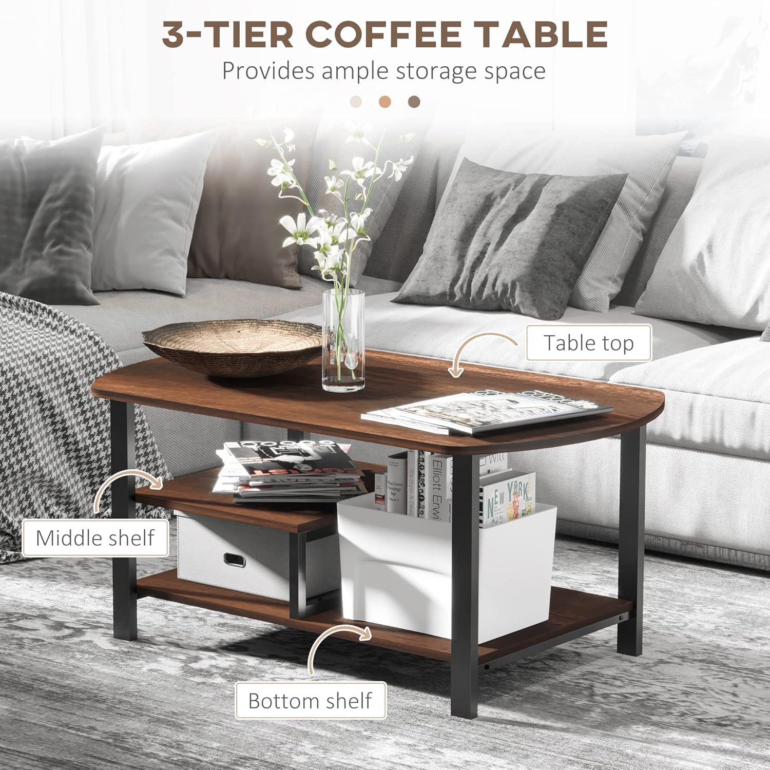 HomCom Vintage Industrial Coffee Table with Under-Top Storage Shelves and Rounded corners, Dark Wood Color