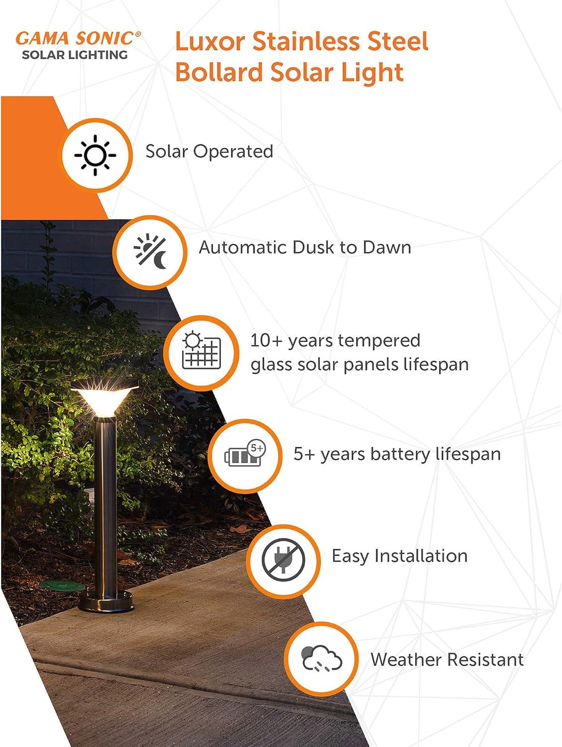 Luxor Stainless Steel Bollard Landscape Pathway Solar Warm White LED Light