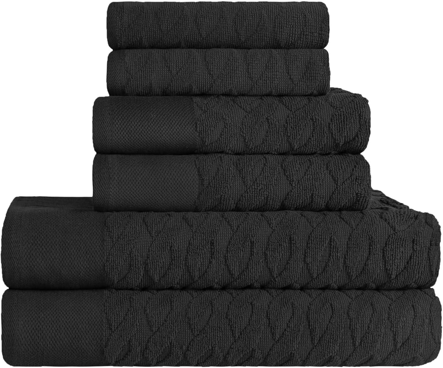 Superior Turkish Cotton 6-Piece Jacquard Herringbone Towel Set, Black