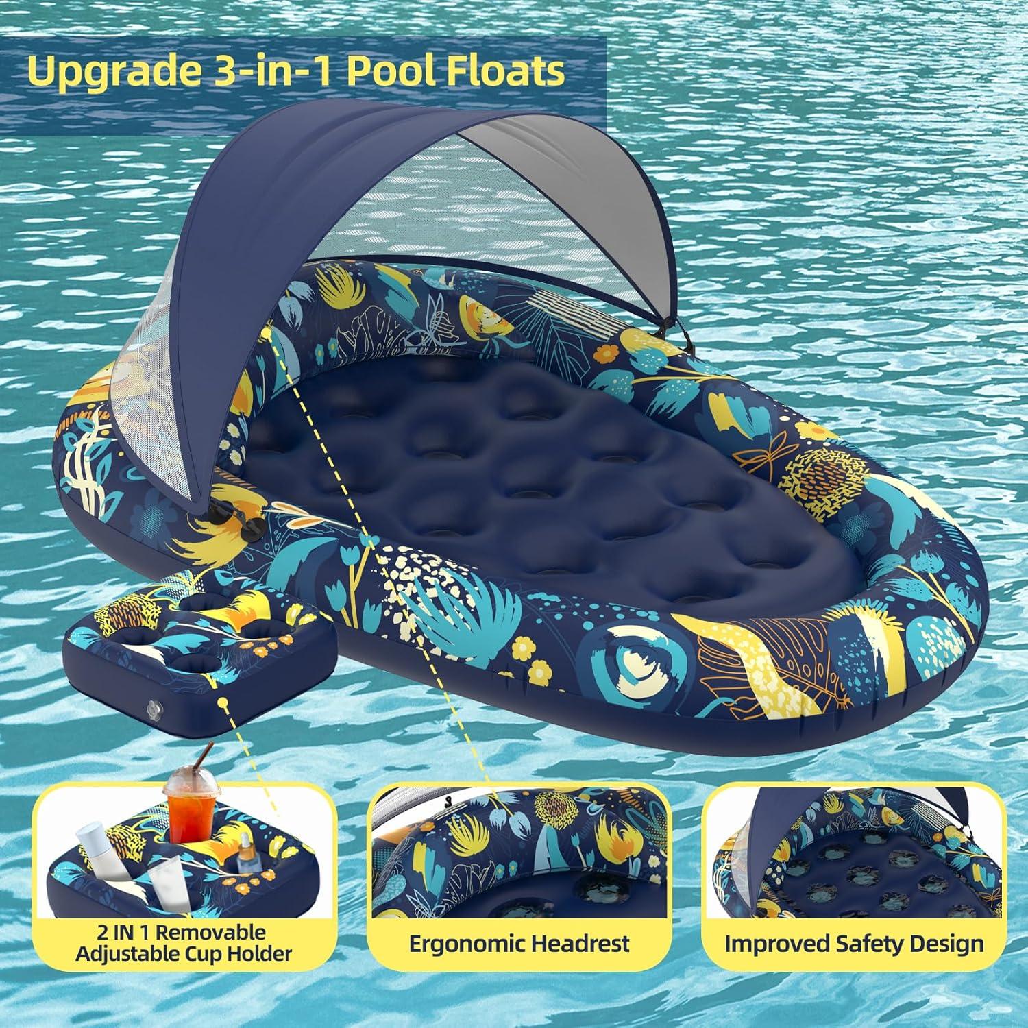 3-in-1 Pool Floats with Canopy Cup Holder, XL Large 73" x 48" Inflatable Pool Floats for Adults Lounger Raft Floating Chair for Swimming Pool Lake Water Lounge Float Beach Pool Party Toys