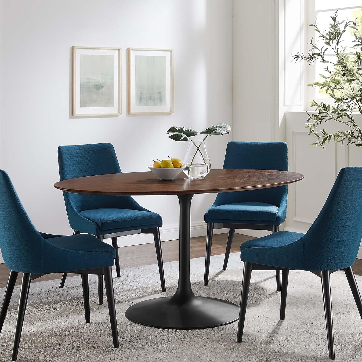 60" Oval Walnut Veneer Dining Table with Black Metal Base