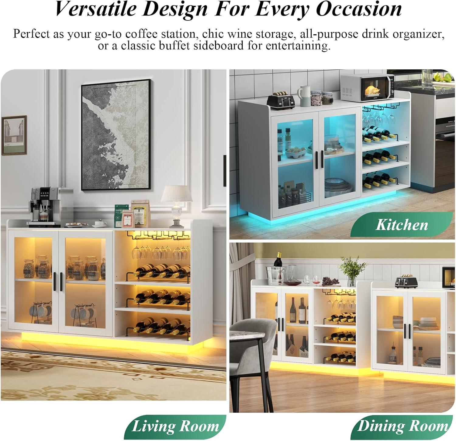 Brayden Studio® Wine Bar Cabinet with LED Lights, Floating Coffee Bar with Glass Rack and Removable Wine Racks, Modern Buffet Sideboard with Storage Shelves, Kithchen Bar with Glass Cabinet Doors, White