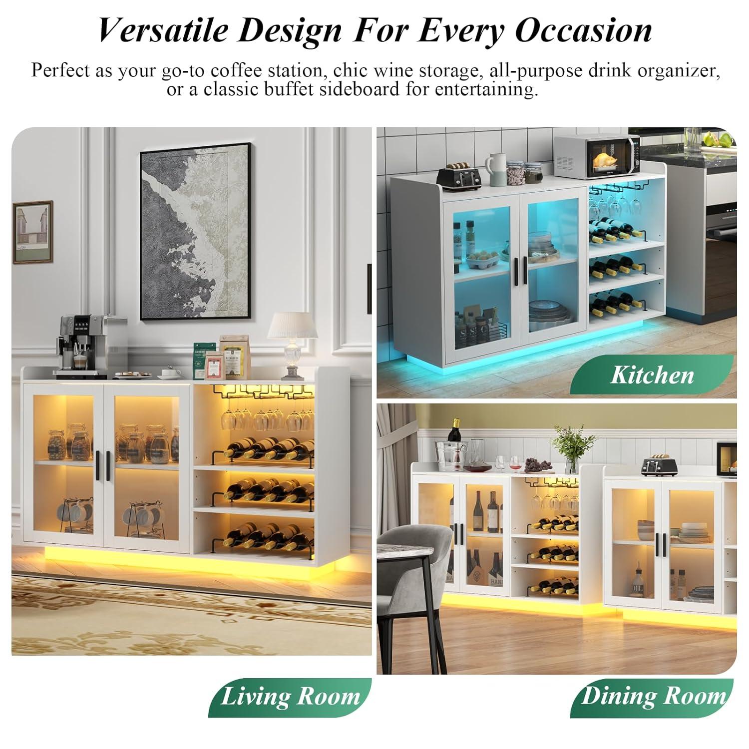 Brayden Studio® Wine Bar Cabinet with LED Lights, Floating Coffee Bar with Glass Rack and Removable Wine Racks, Modern Buffet Sideboard with Storage Shelves, Kithchen Bar with Glass Cabinet Doors, White