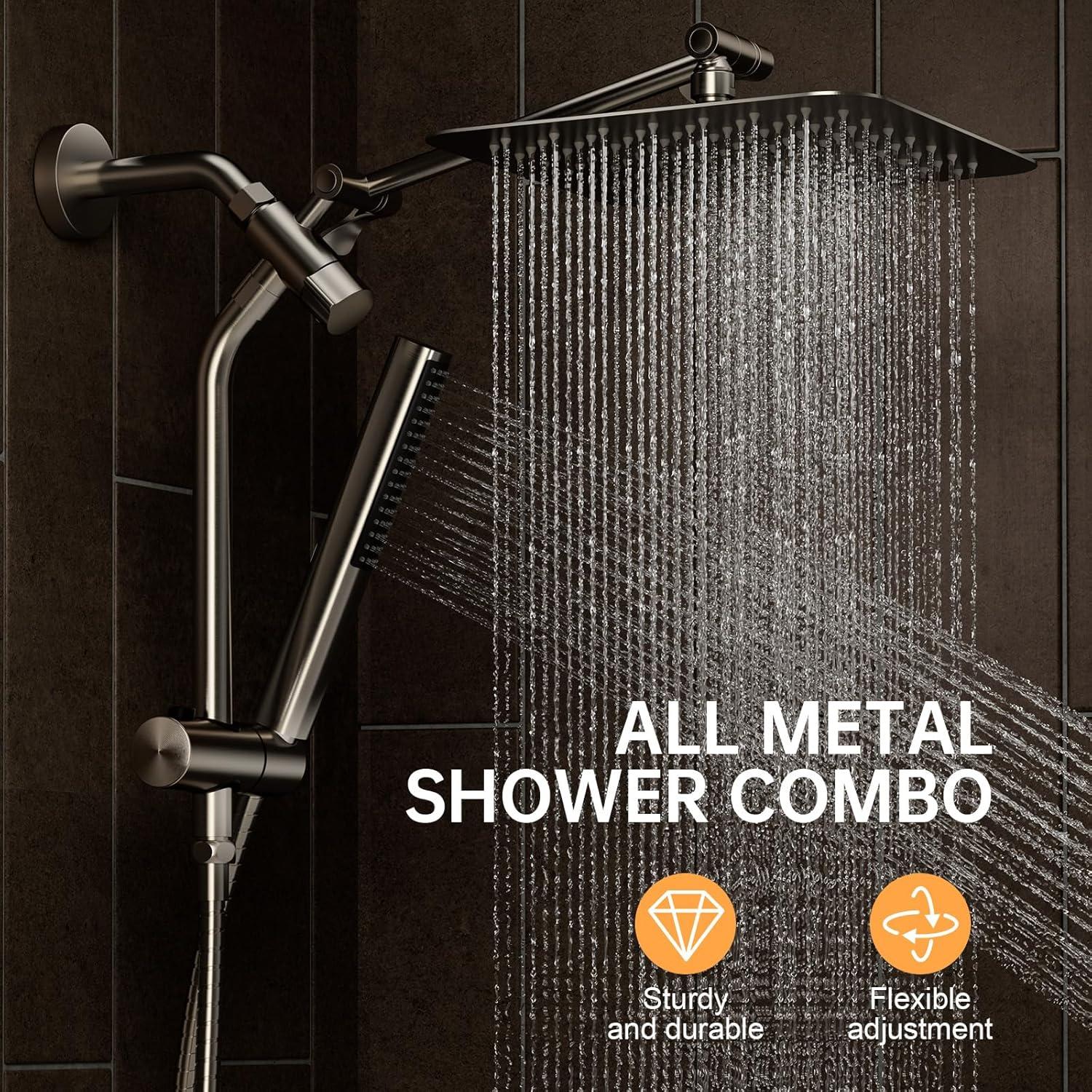 Veken Brushed Nickel Shower Head, 10'' All Metal Rain Shower Heads with Handheld Spray Combo, Hand Held Bathroom Combo with Extension Arm, Dual shower with Power Wash, Adjustable Rainfall Showerhead