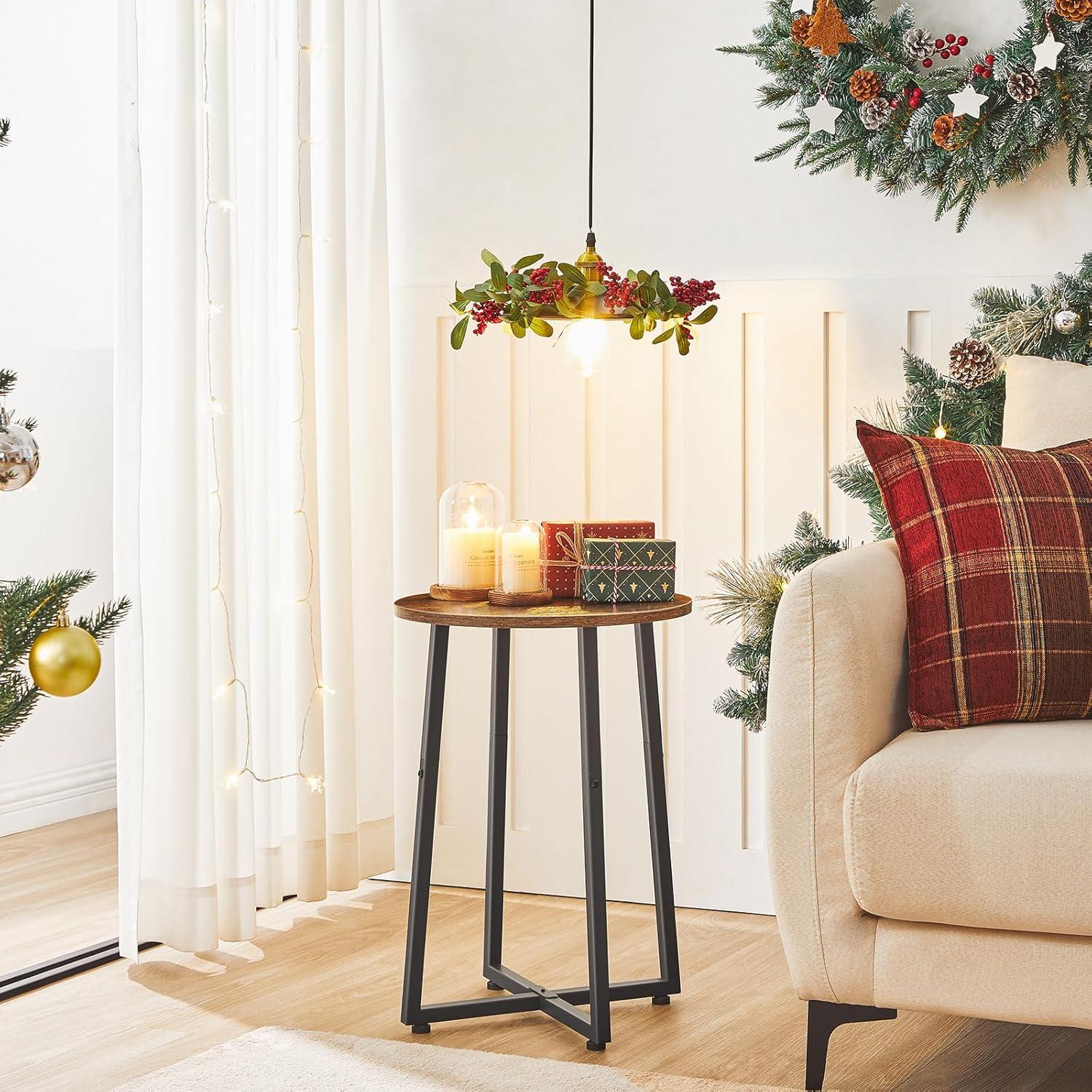 Rustic Brown Round Side Table with Black Metal Frame