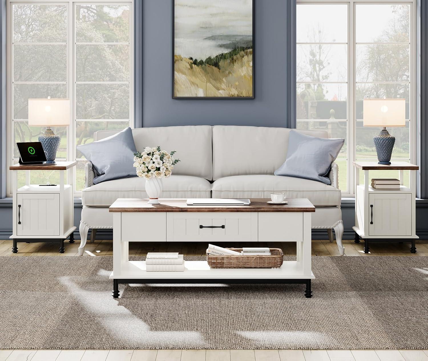 White and Brown Side Table with Charging Station and Storage Cabinet