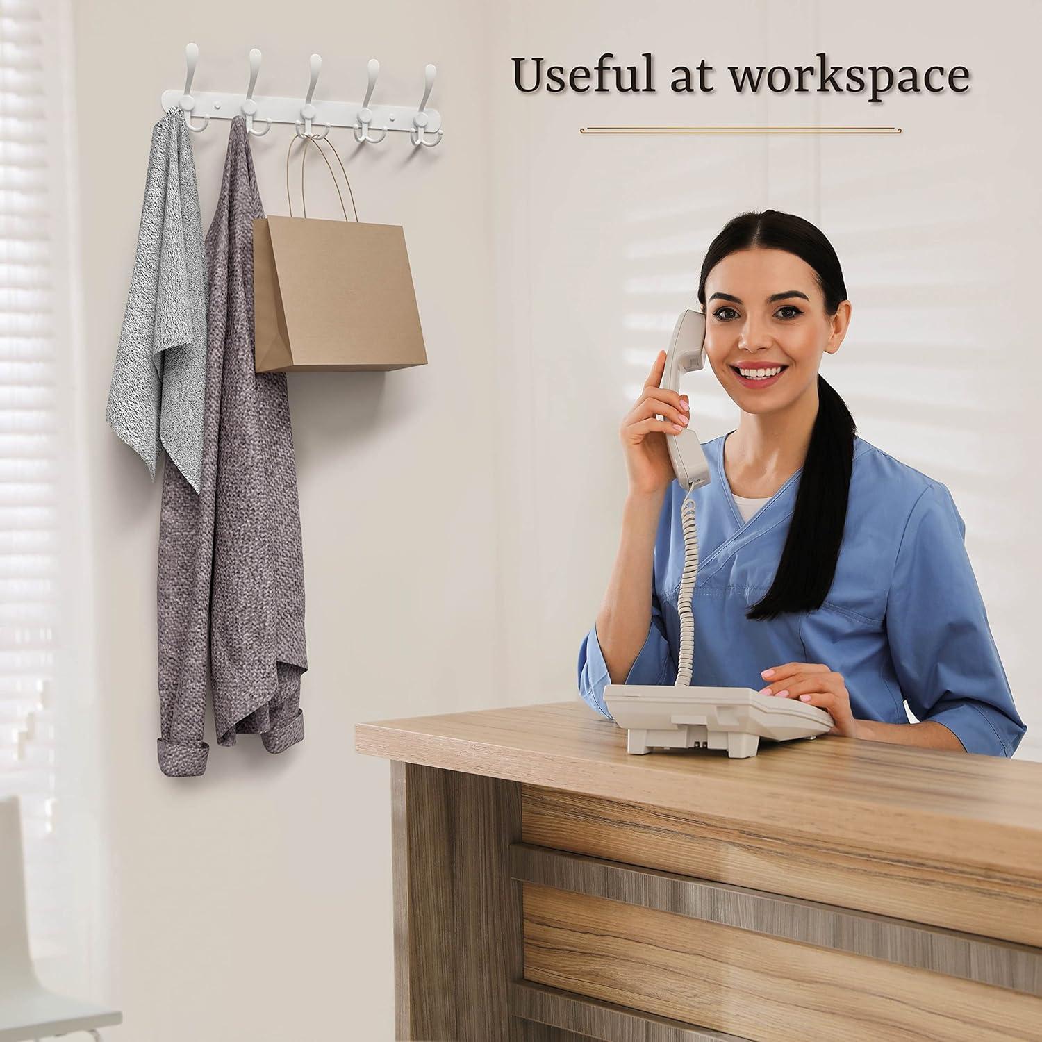 White Coat Rack Wall Mounted - 16 Inch Heavy Duty Stainless Steel Matte Finish Wall Hook Rack - 5 Tri Coat Hooks for Hanging Towels, Bags, Hat - Bathroom Entryway - 2 Pack