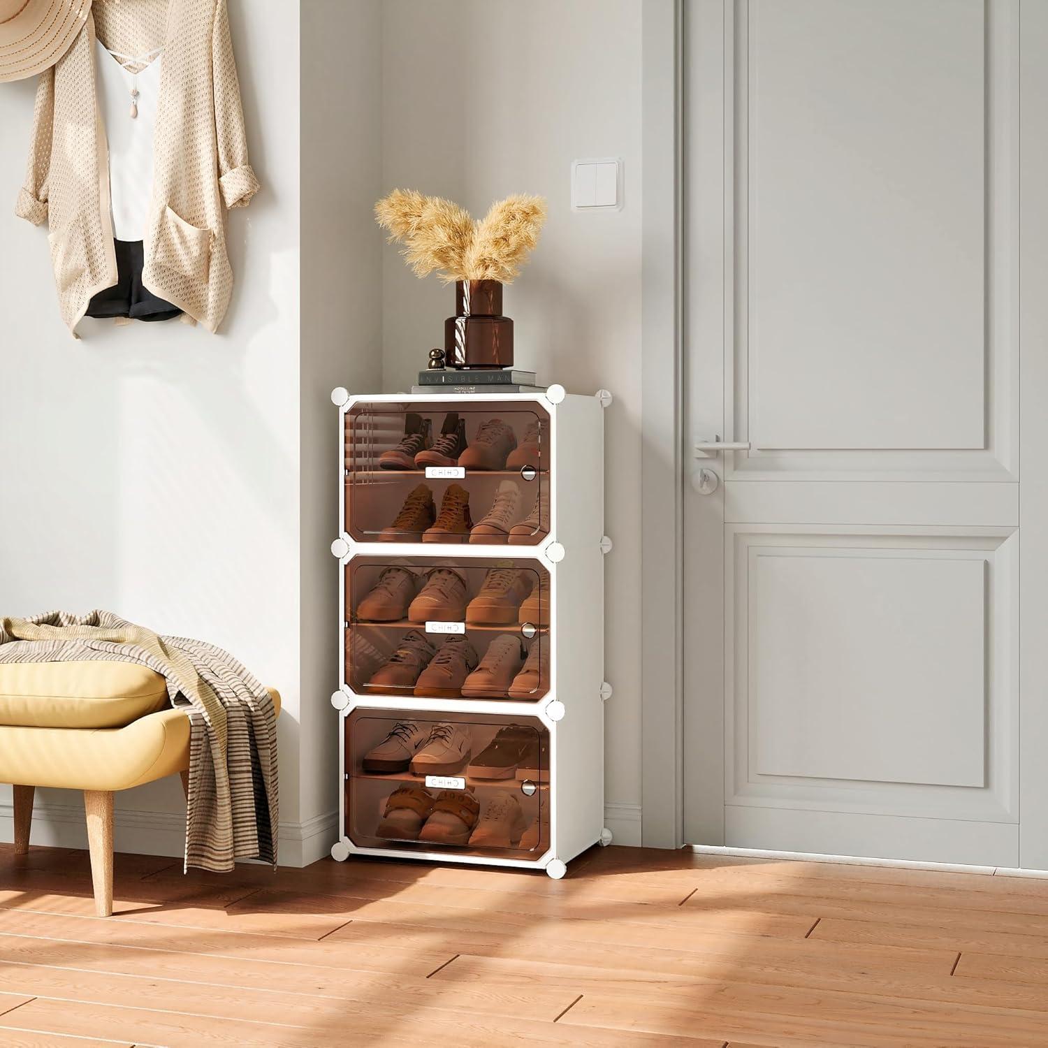 Shoe Rack, 8 Tier Shoe Storage Cabinet with Door, 32 Pair Shoe Organizer Shelves for Closet Hallway Bedroom Entryway, White