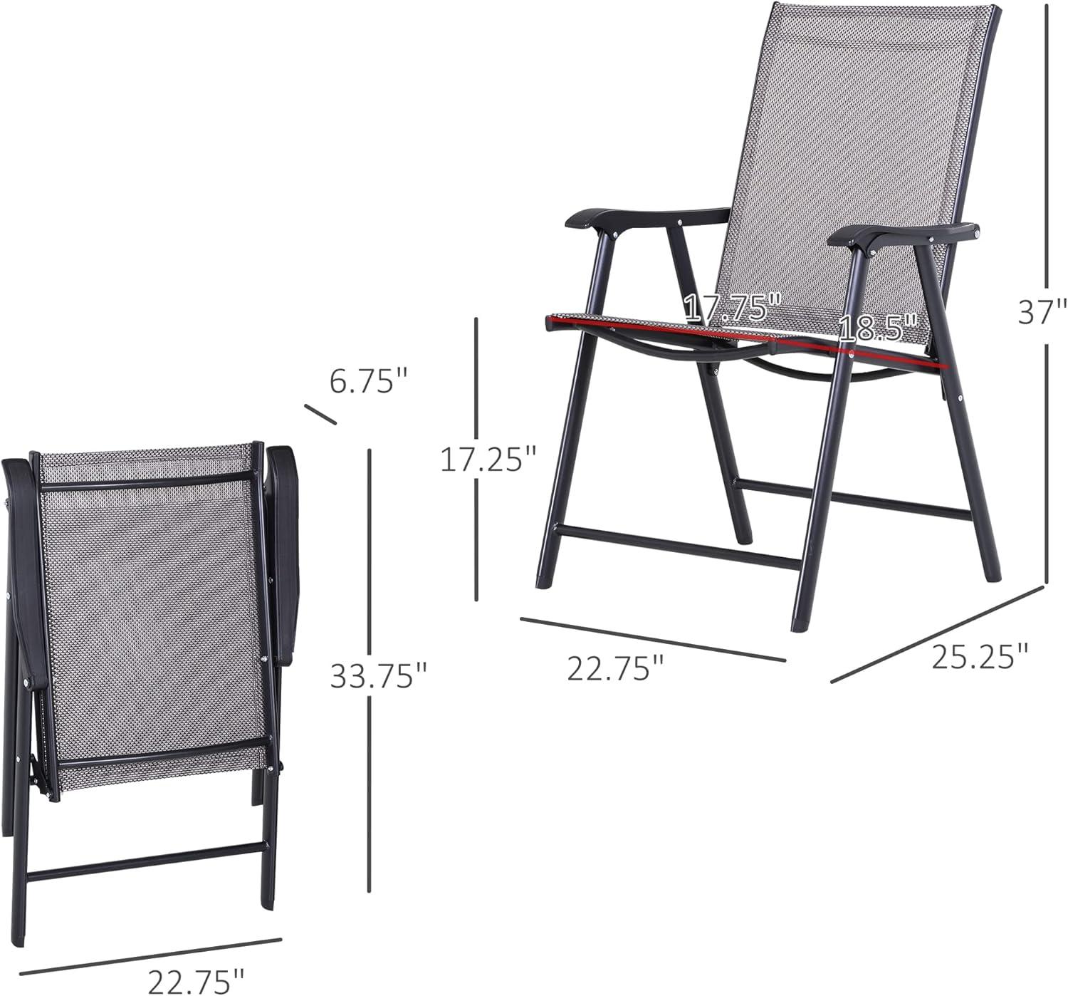 Outsunny Set of 4 Patio Folding Chairs, Stackable Outdoor Sling Chairs with Armrests for Lawn, Camping, Dining, Beach, Metal Frame, Gray