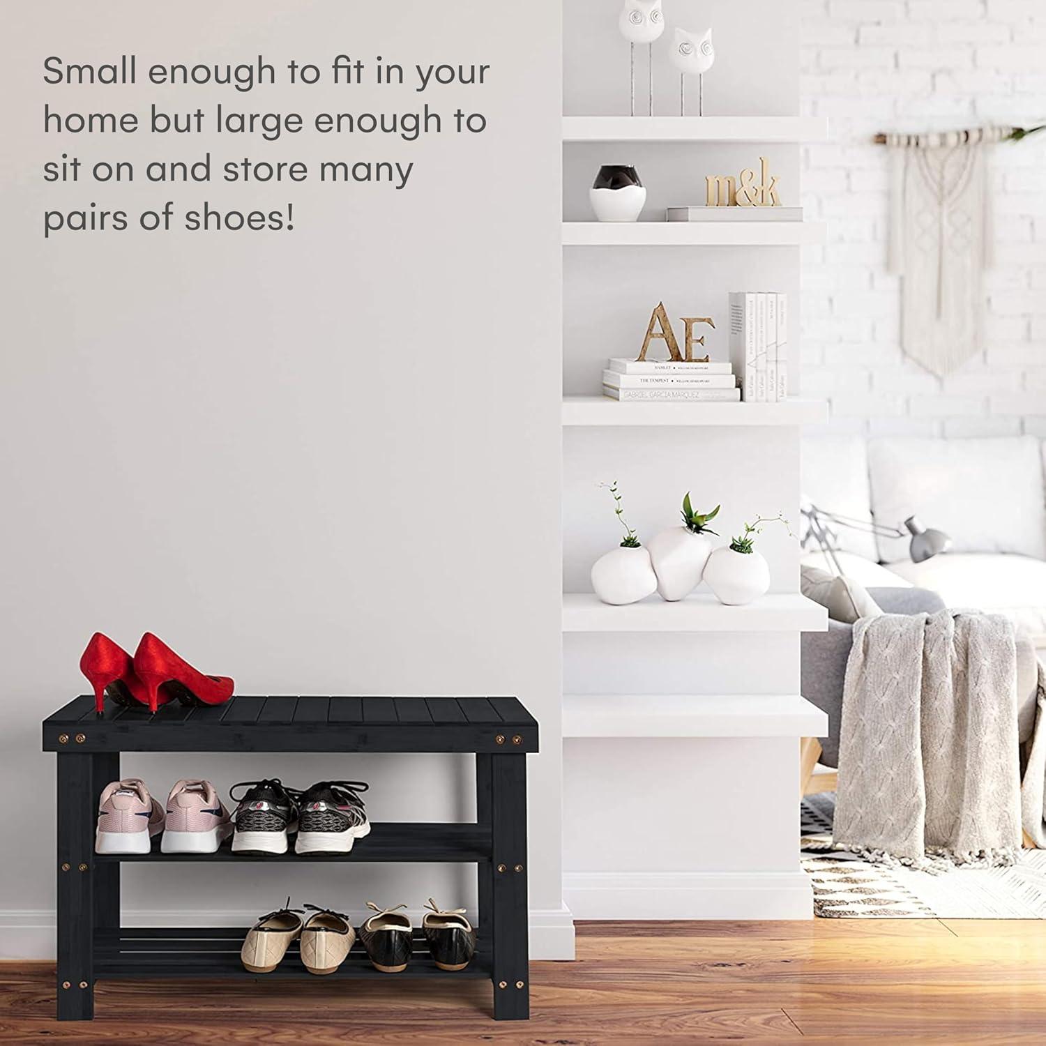 Homemaid Living Bamboo 3 Tier Shoe Rack Bench, Premium Shoe Organizer or Entryway Bench, Perfect for Shoe Cubby, Entry Bench, Bathroom Bench, Entryway Organizer, Hallway or Living Room(Black)