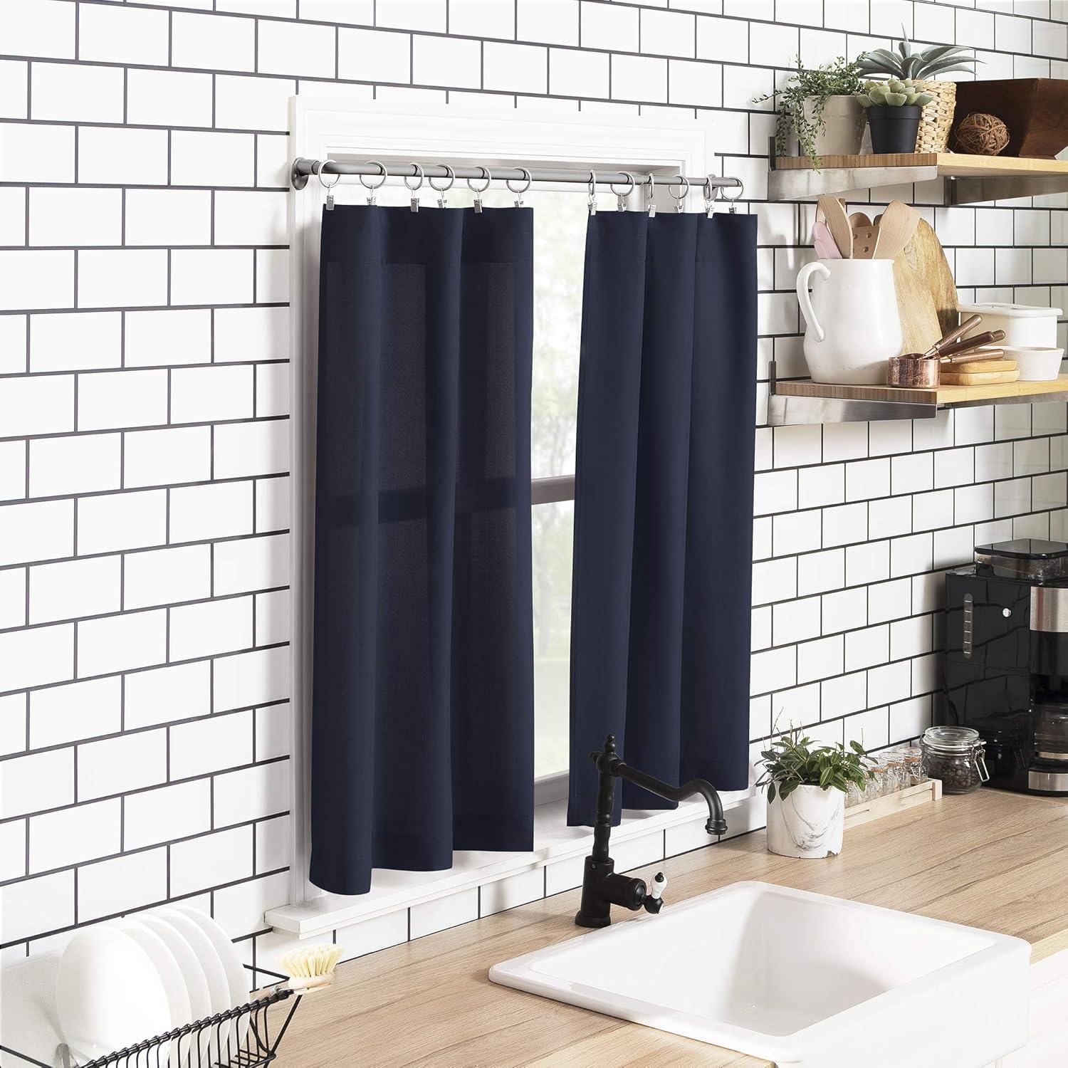 Navy Blue Sheer Polyester Rod Pocket Kitchen Curtain Set