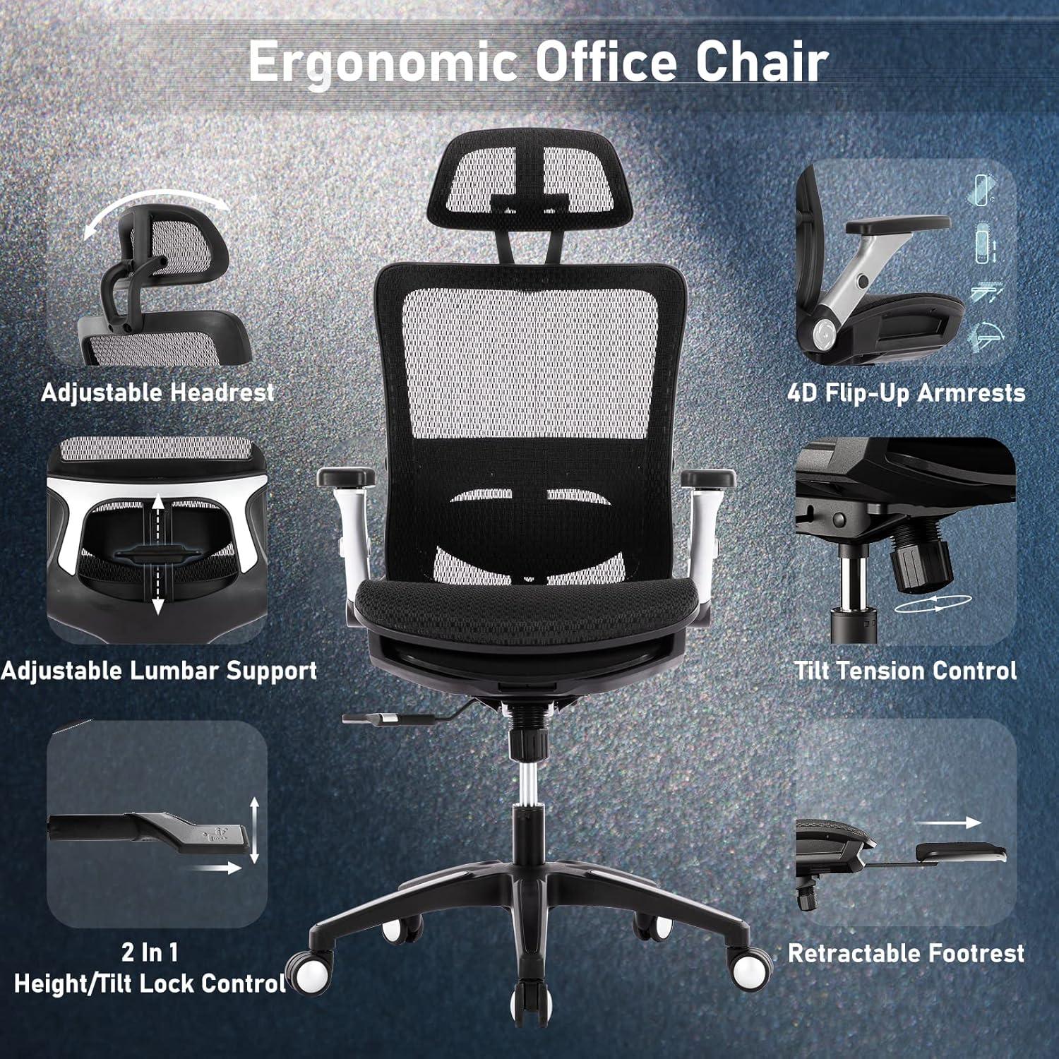 COLAMY Ergonomic Mesh Office Chair with Footrest, High Back Computer Executive Desk Chair with Headrest and 4D Flip-up Armrests, Adjustable Tilt Lock and Lumbar Support-Black