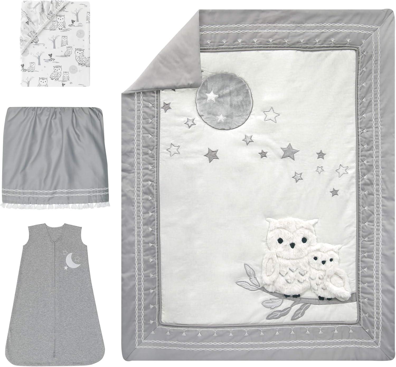 Lambs & Ivy Luna White/Gray Celestial Owl 4-Piece Nursery Baby Crib Bedding Set