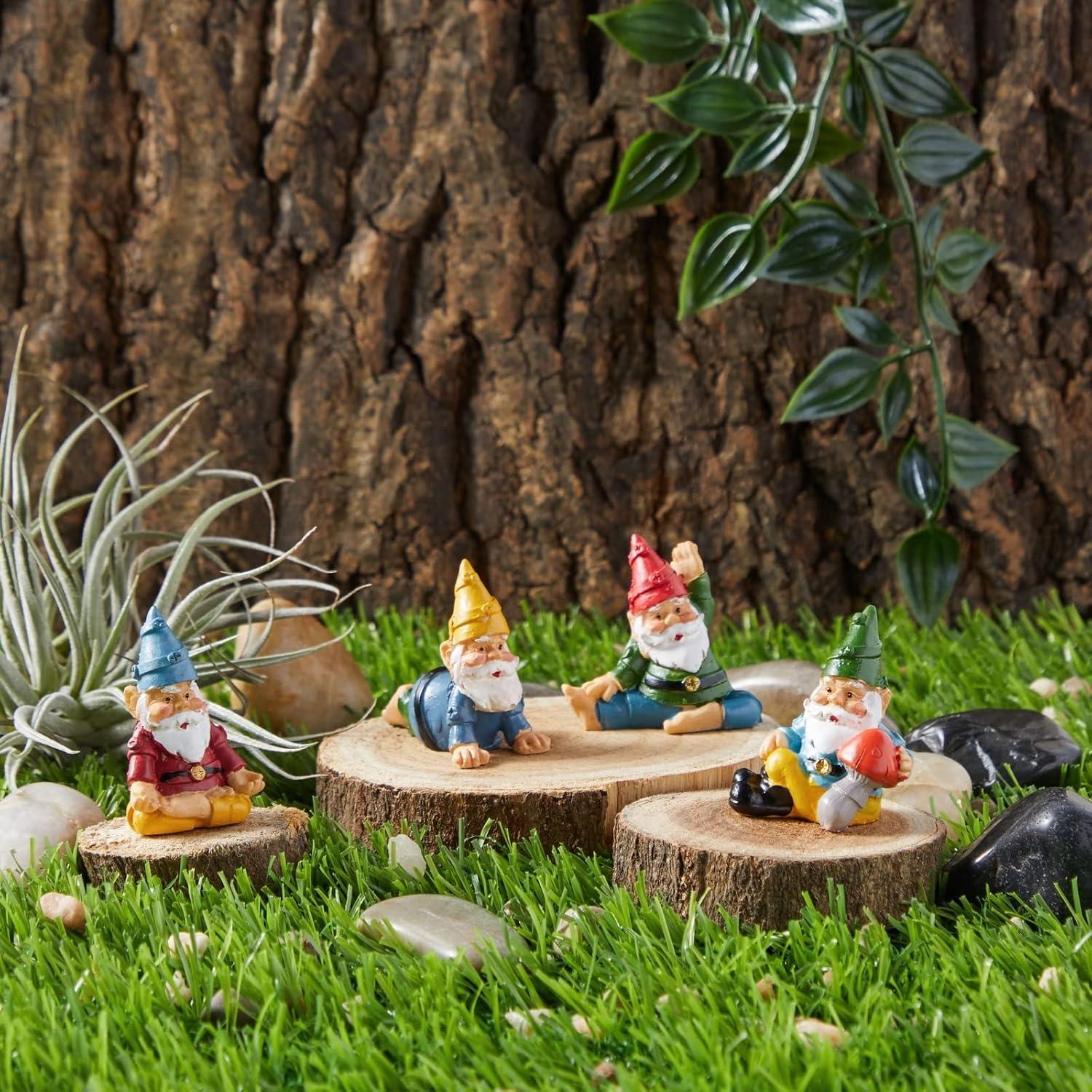 Juvale 4 Pieces Mini Garden Gnomes, Outdoor Fairy Miniature Statue Accessories Set, Decorations in Funny Poses, Yard Ornaments for Yoga Gifts, Planter