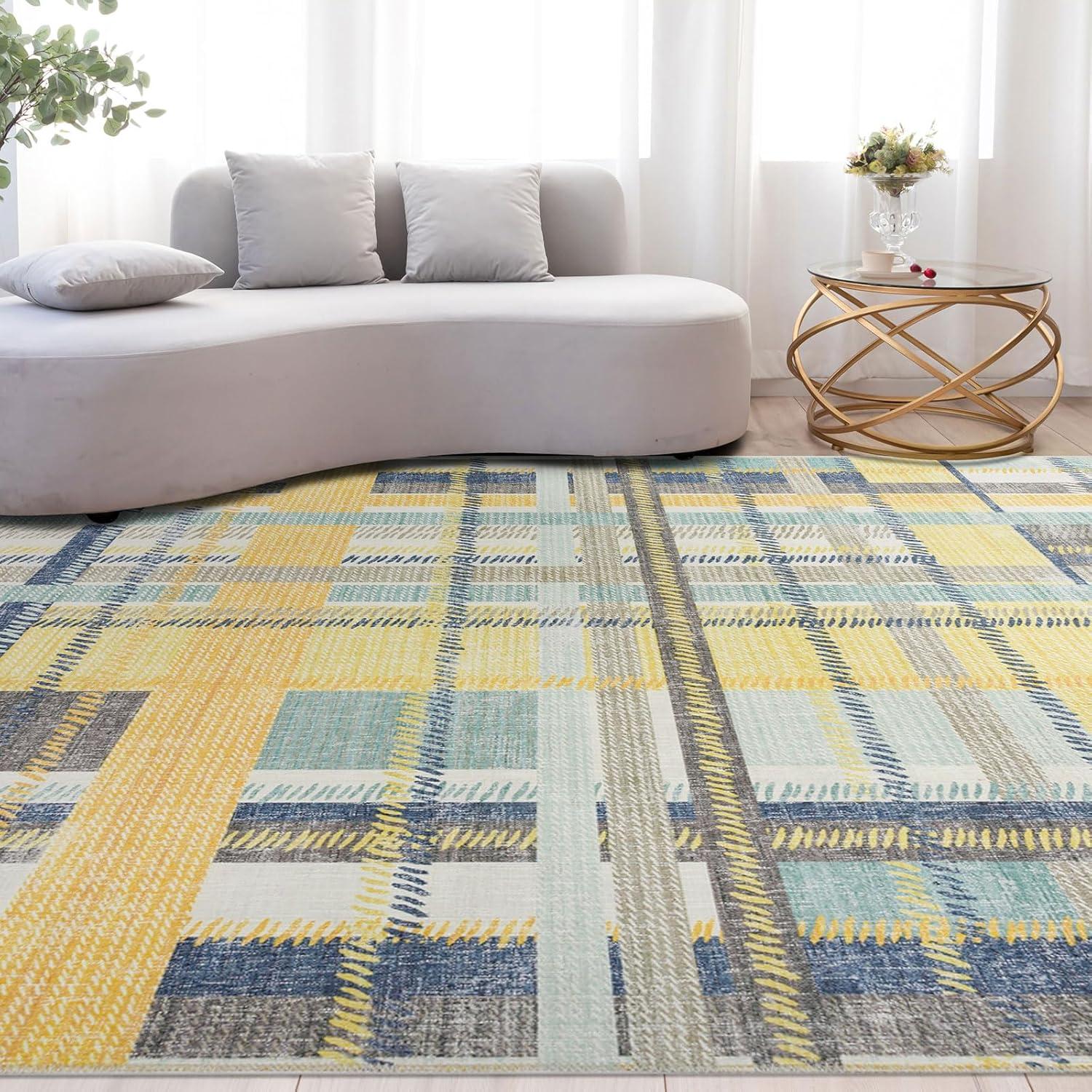 NELE Machine Washable Modern Lattice Area Rug Yellow/Blue Multi