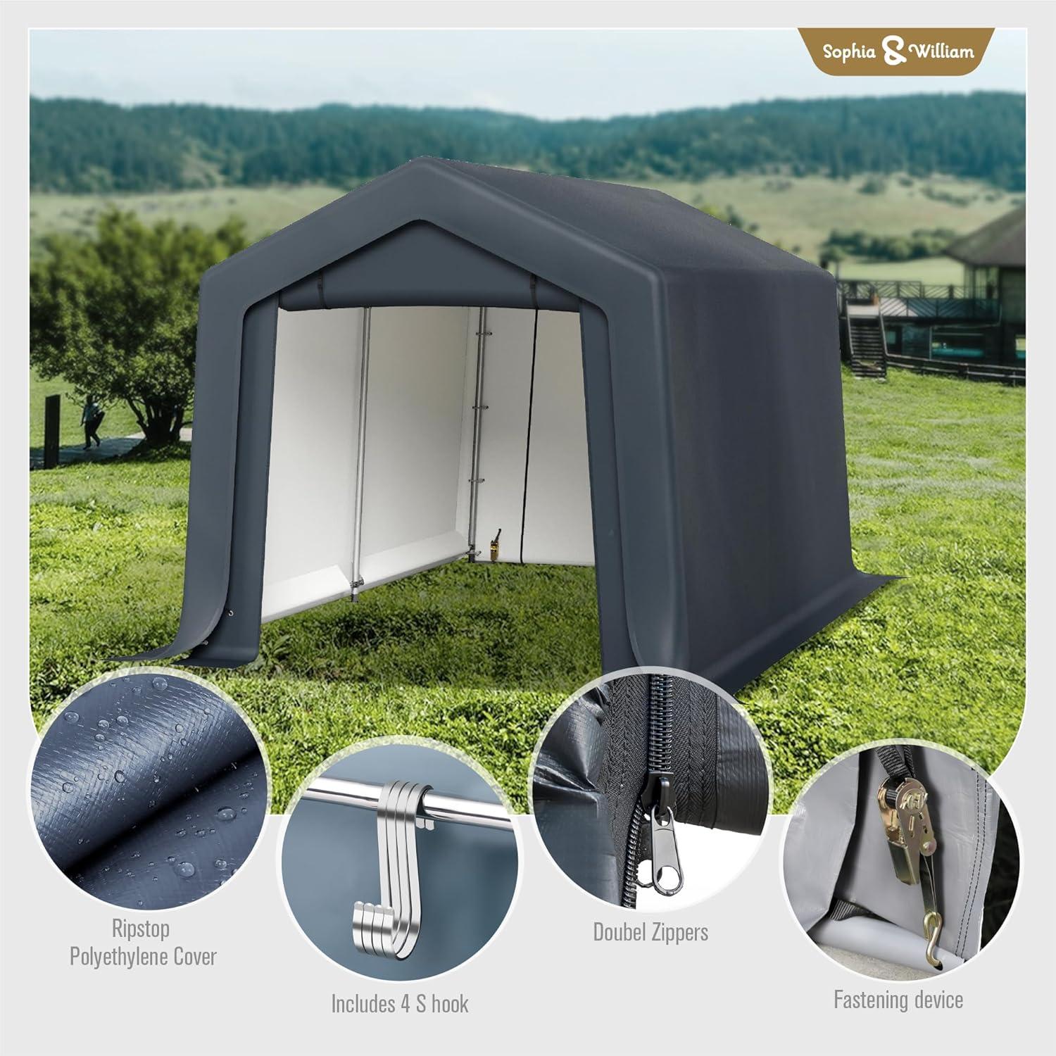 Alpha Joy 8 x 12 x 7.3ft Outdoor Storage Shed Heavy Duty Portable Carport Canopy Shelter, for Bike, Motorcycle, Garden Storage