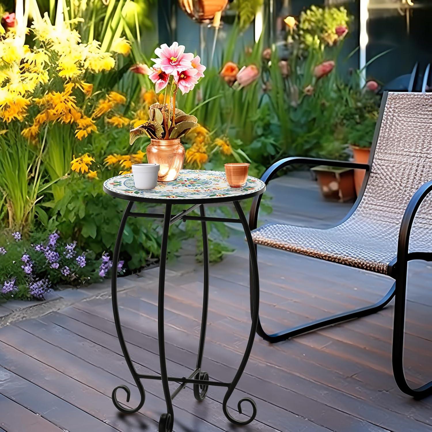 14" Round Ceramic Tile and Metal End Table