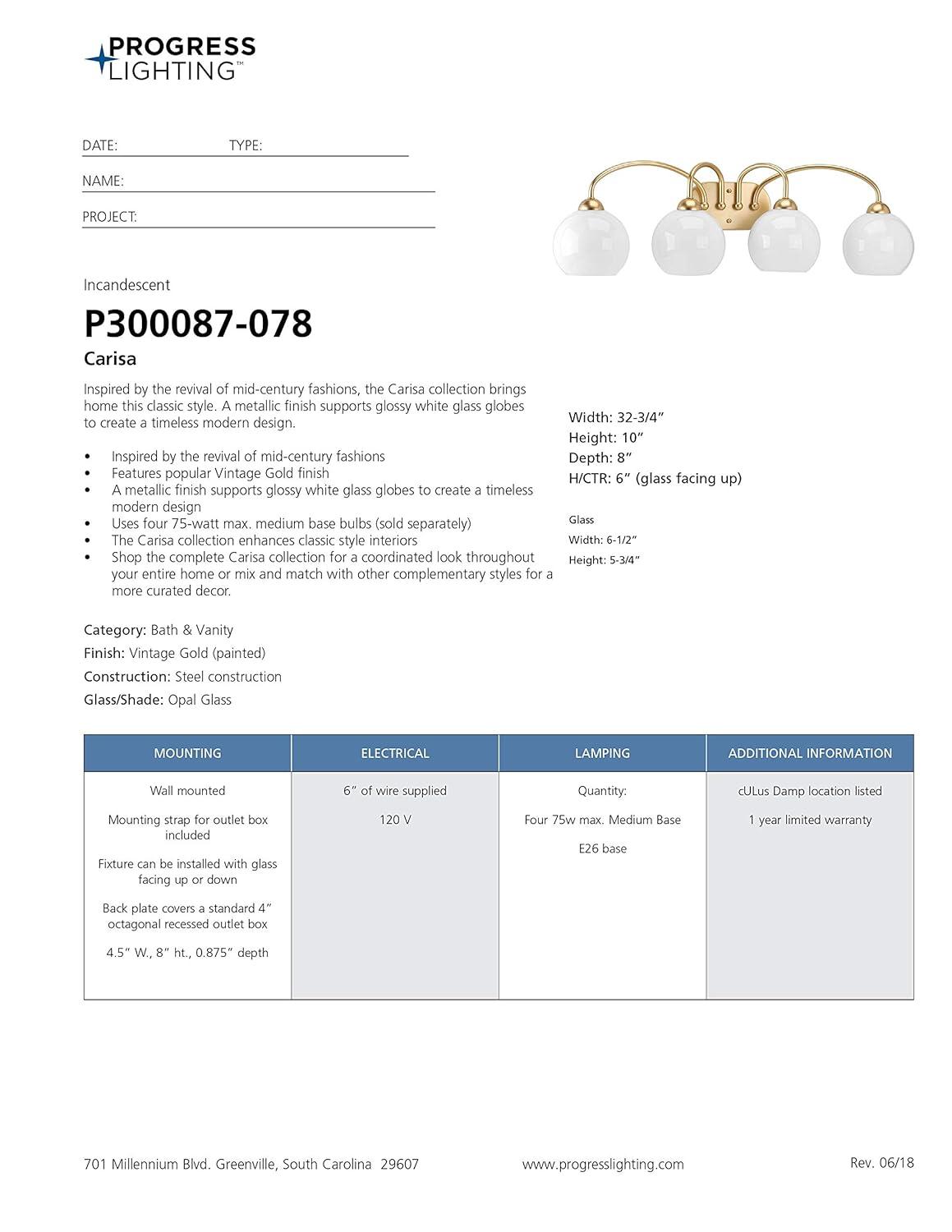 Progress Lighting Carisa 4-Light Bath Wall Light, Vintage Gold, White Glass Globes