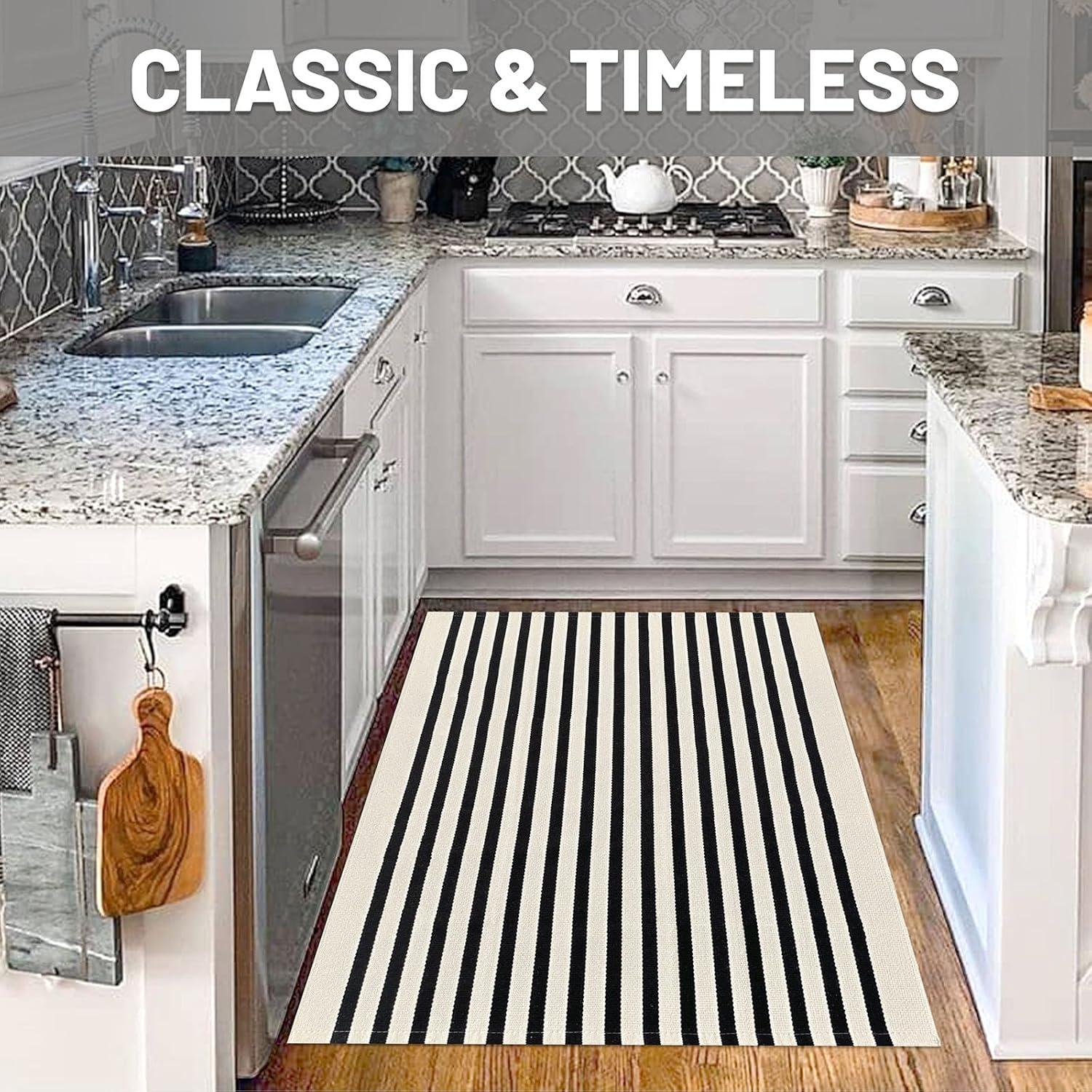 IOHOUZE Navy and White Striped Rug 2'x3' Front Door Rugs, Small Washable Area Rug for Front Porch, Spring Summer Doormats Outdoor Indoor, Cotton Rugs for Entryway Porch Entrance