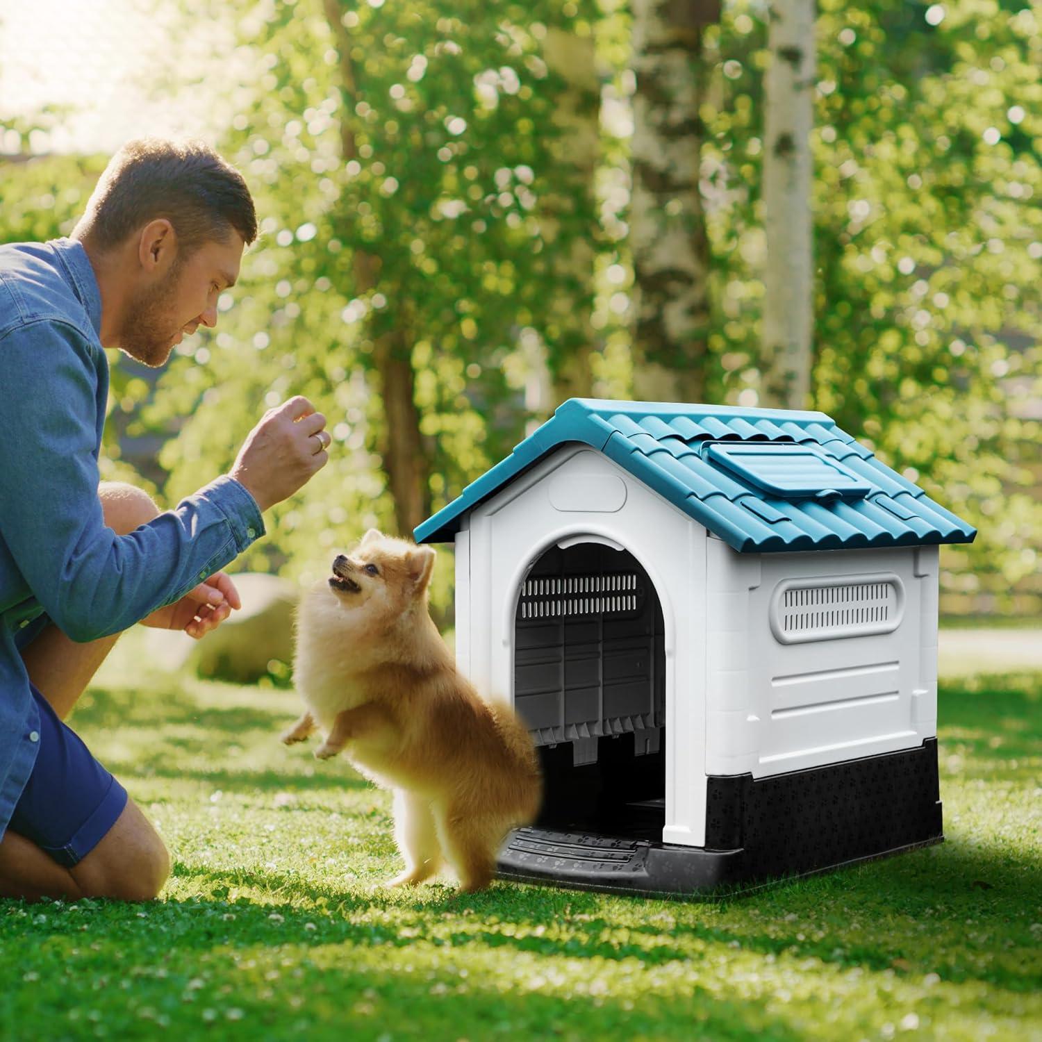 Dextrus Large Foldable Plastic Doghouse, 26.8''Lx22.4''Wx26''H Outdoor Plastic Dog House for Small Breeds with Adjustable Skylight and Elevated Floor