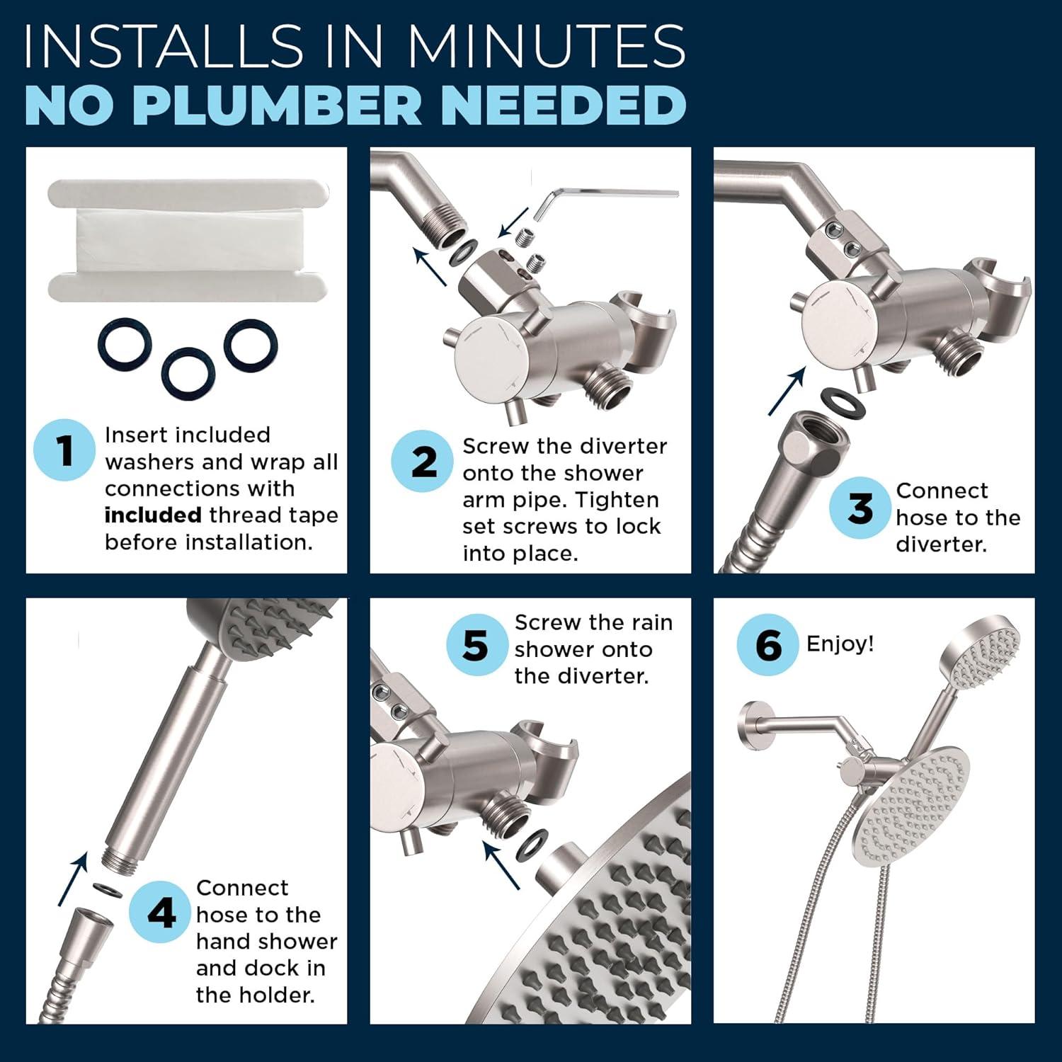 HammerHead Showers® Solid Metal Dual Shower Head Combo – BRUSHED NICKEL – 8 Inch Rainfall High Flow Shower Head & Handheld Shower Head High Pressure with Hose 6ft - Hotel-Like Double Shower Heads