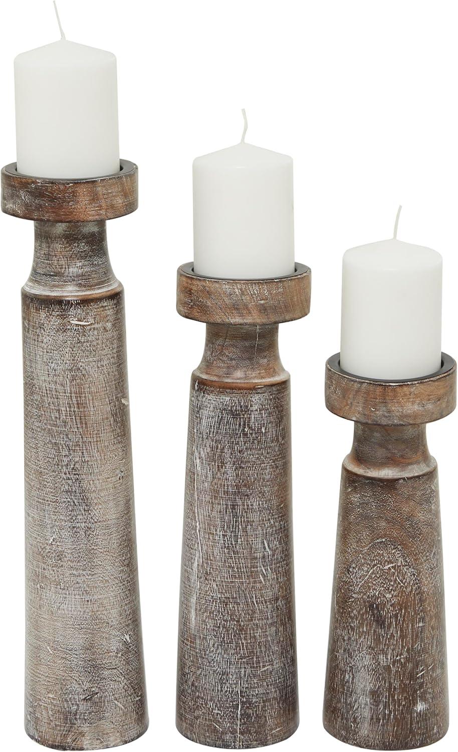 Olivia & May Set of 3 Rustic Cylindrical Mango Wood Candle Holders Brown: Modern Decor, Fits Pillar Candles