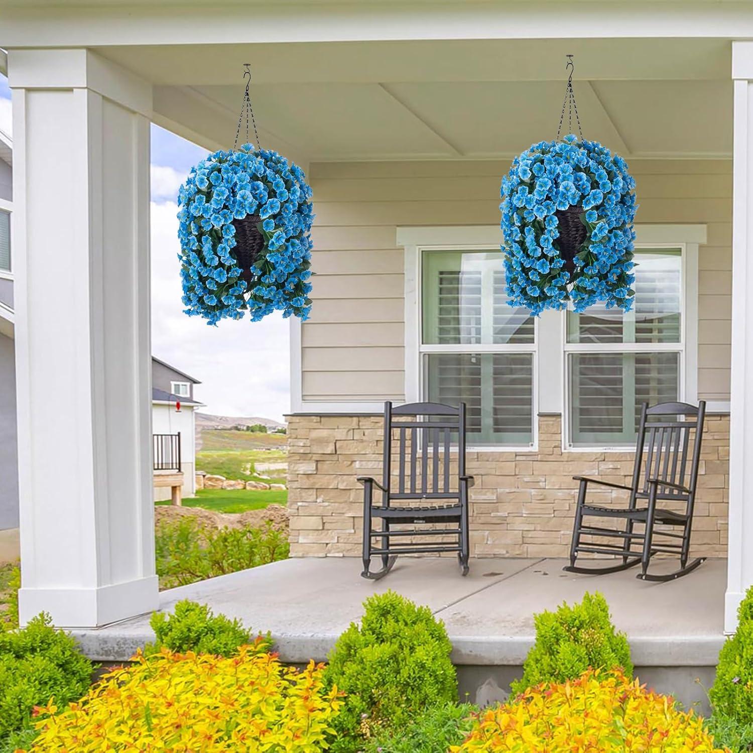 Artificial Hanging Flowers in Basket Fake Plant for Outside, Silk Pink Morning Glory Flower Arrangement for Outdoor Decor, UV Resistant Realistic Floral Planter for Porch Patio Balcony