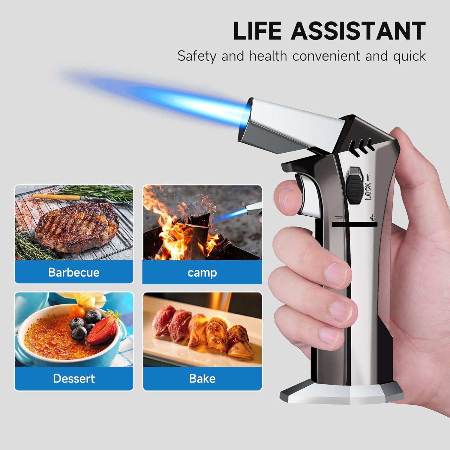 Butane Torch - Refillable Torch Lighter, Kitchen Torch for Baking, Cooking Food, Creme Brulee, BBQ, Blow Torch with Safety Lock and Adjustable Flame, 2 Cans Butane Included.