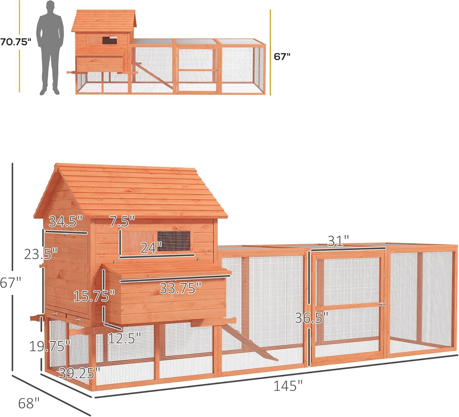 PawHut 145" Chicken Coop Large Chicken House Rabbit Hutch Wooden Poultry Cage Pen Garden & Backyard with Run & Inner Hen House Space