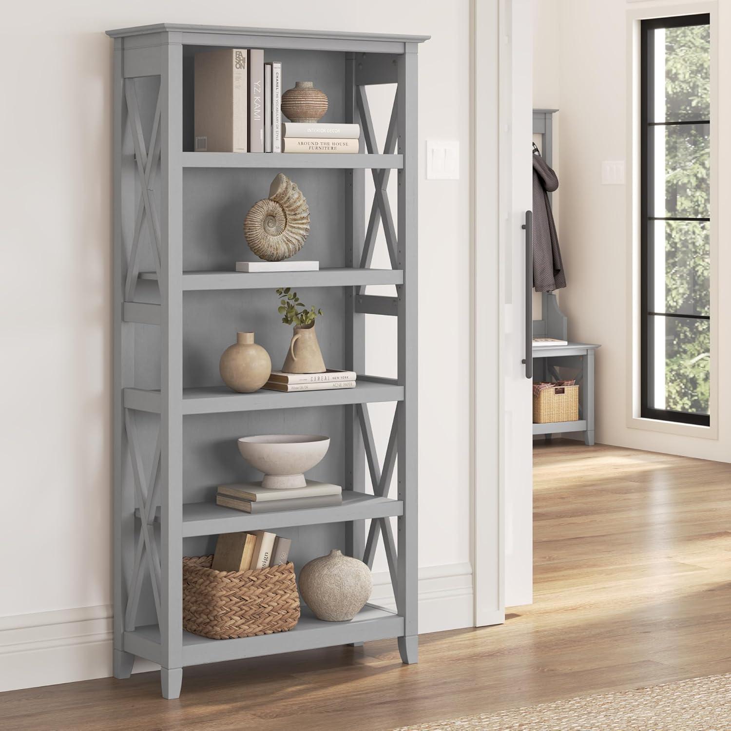 Cape Cod Gray Casual Farmhouse Engineered Wood 5-Shelf Bookcase