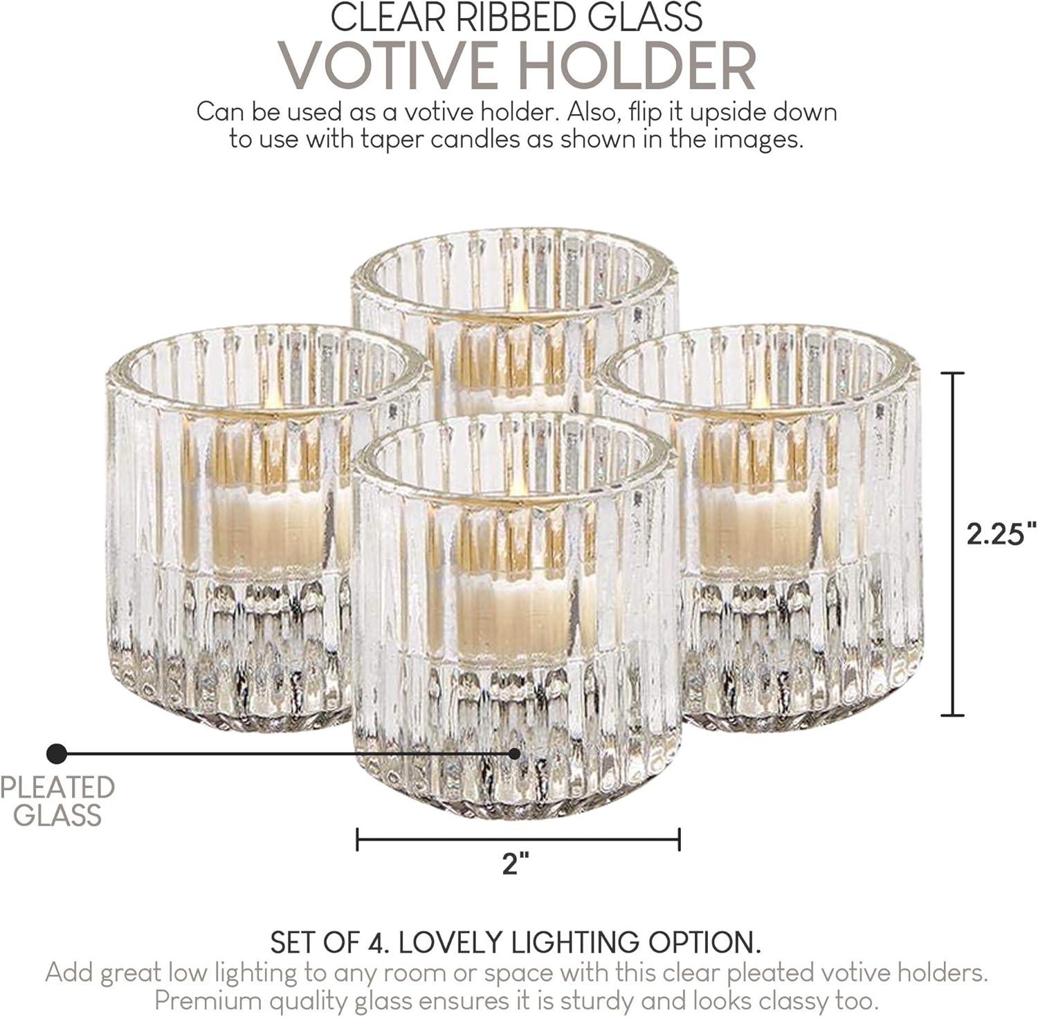 Serene Spaces Living Set of 4 Clear Ribbed Glass Tealight Holders, Perfect for Weddings and Home Décor, Measures 2.25" Tall and 2" Diameter