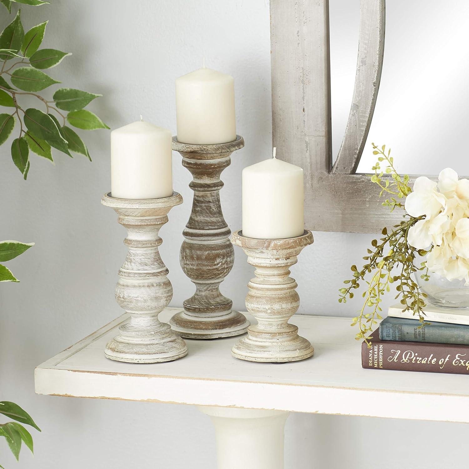 Winter Elegance Cream Mango Wood Pillar Candlestick Trio