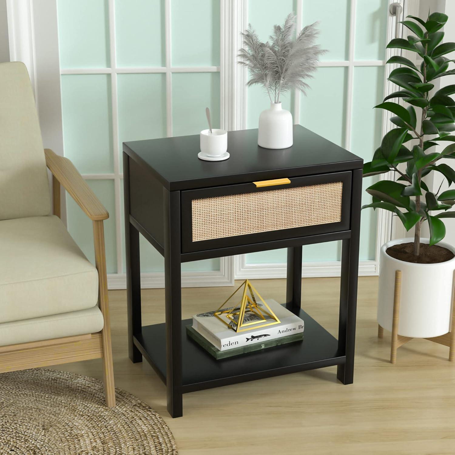 Eumyviv 24" H Wood Nightstand, Mid-Century Modern End Table with Storage Drawer, Rattan Bedside Table, Black Finished Sofa Side Table for Living Room Bedroom,H0020