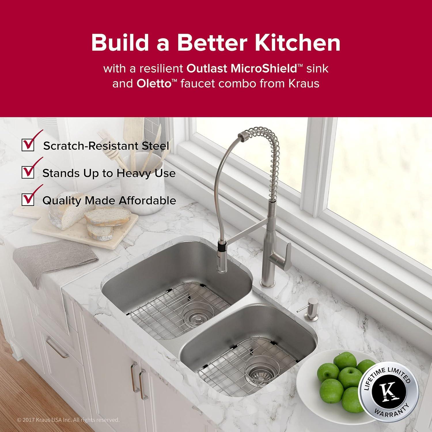 KRAUS Outlast MicroShield™ Scratch-Resist Stainless Steel Undermount 60/40 Double Bowl Sink, 32" L 16 Gauge