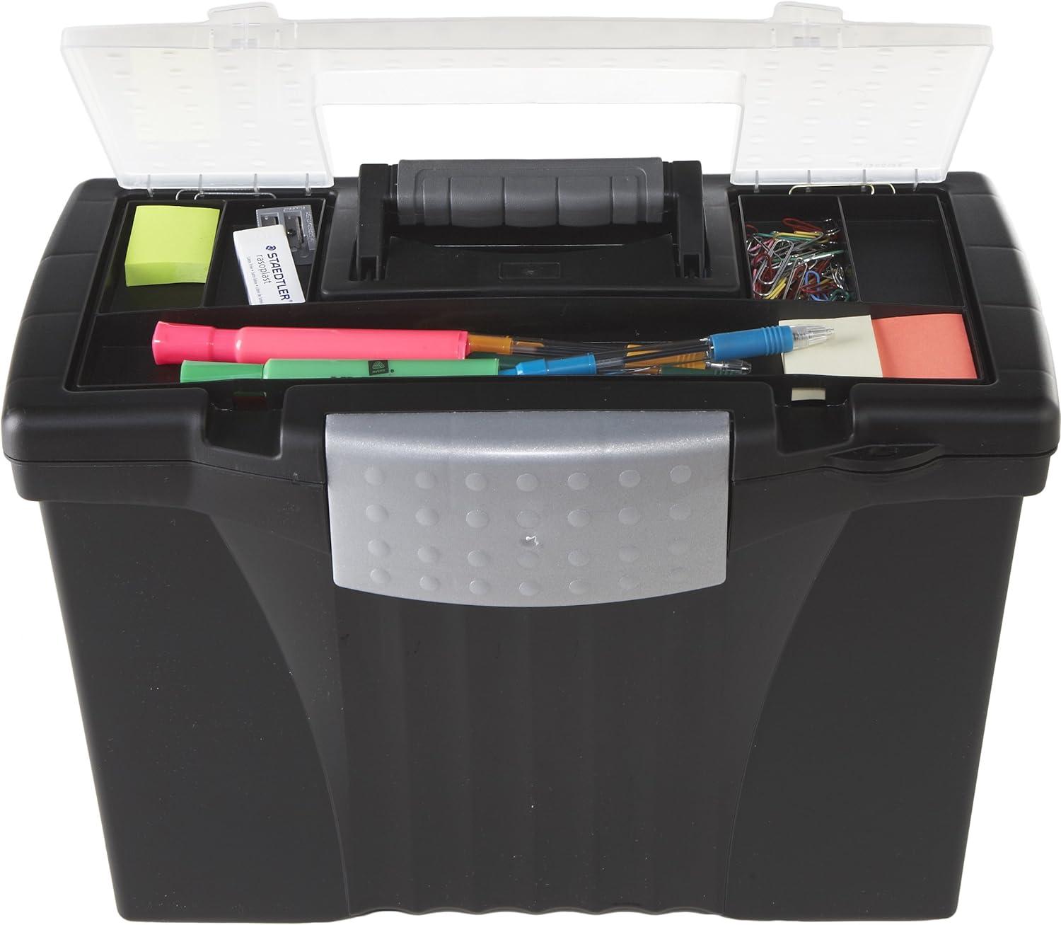 Storex Portable File Box with Organizer Lid, Letter/Legal, Black