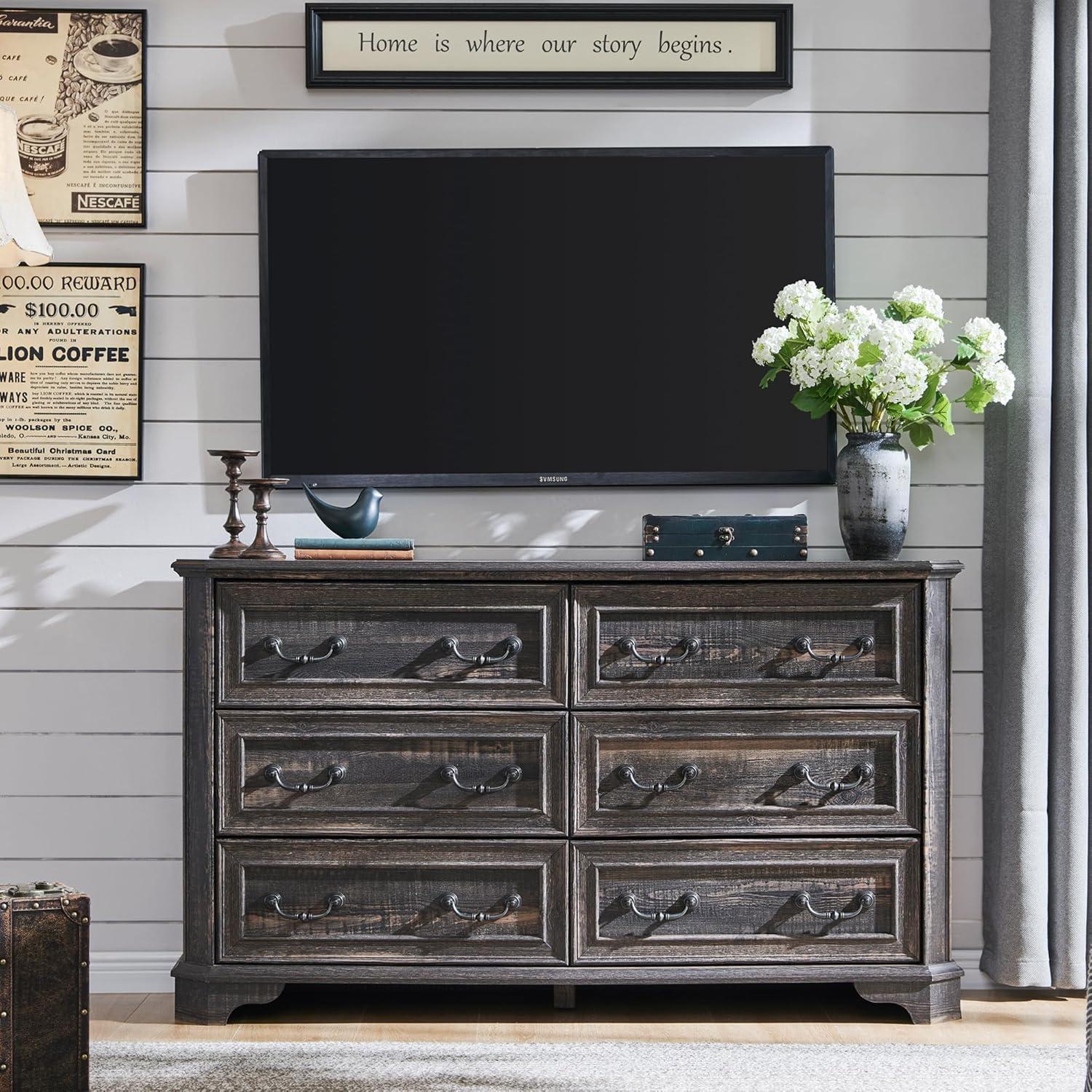 T4TREAM Farmhouse 6 Drawers Dresser for Bedroom, 54" Wide Wood Rustic Chest of Drawers with Natural Texture, Vintage Design, Storage Dressers Organizer for Bedroom, Living Room, Dark Rustic Oak