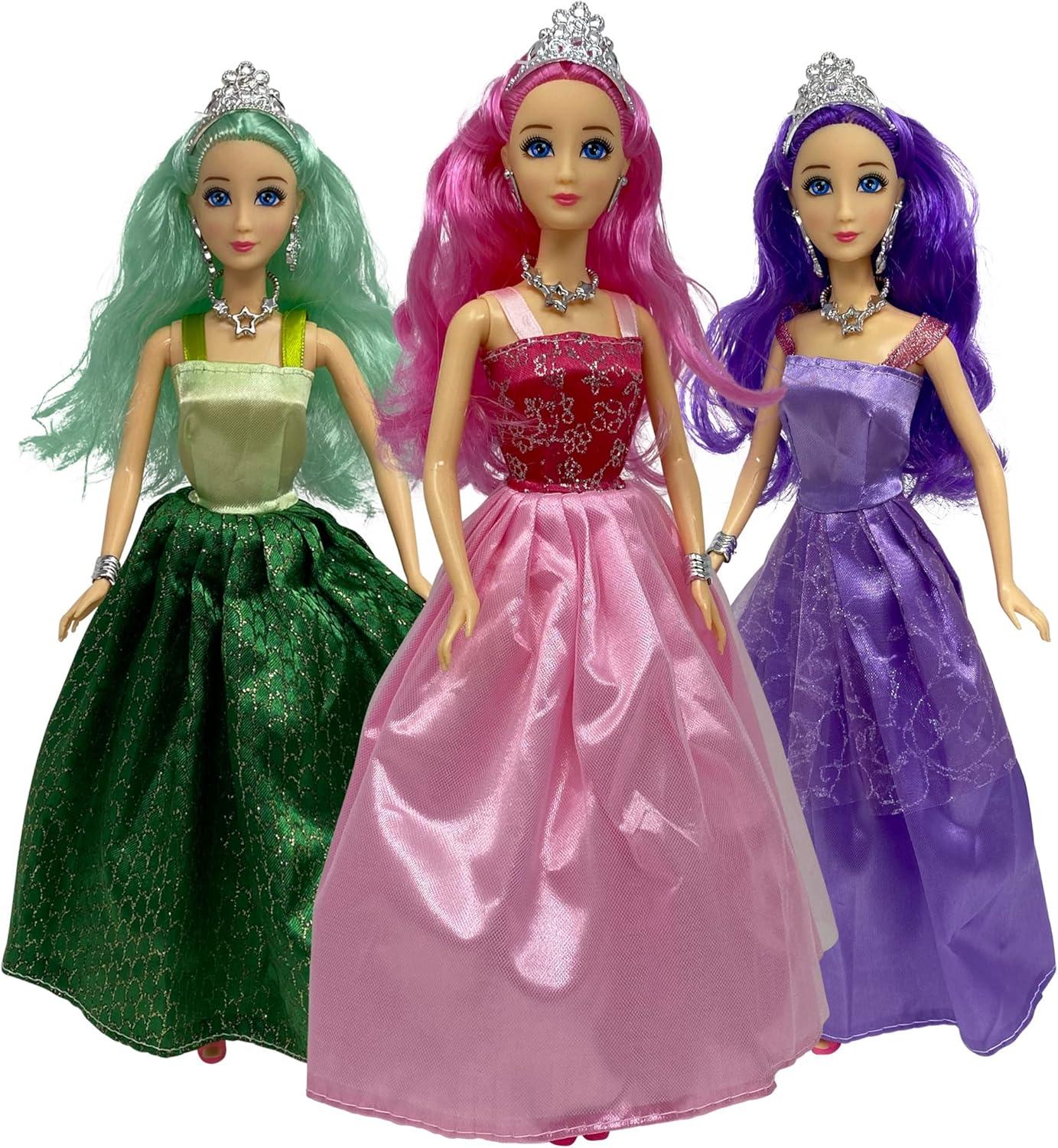 Set of Three 11.5" Princess Dolls with Colorful Gowns