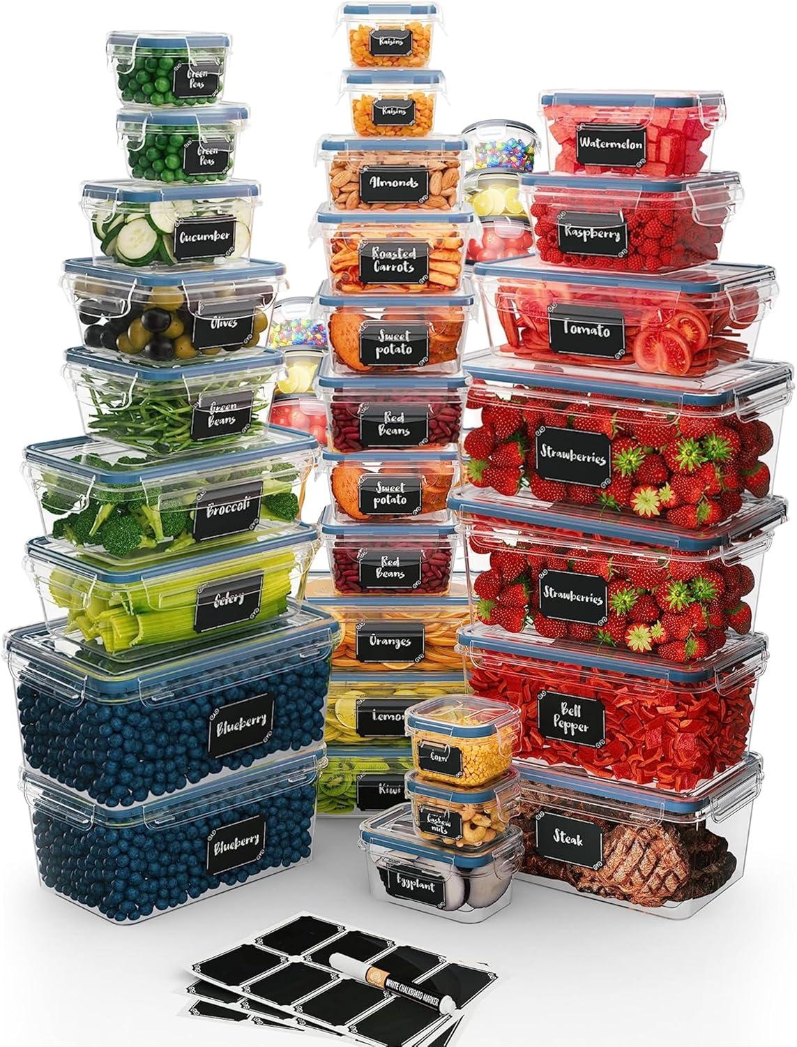 Blue BPA-Free Plastic Food Storage Container Set with Labels