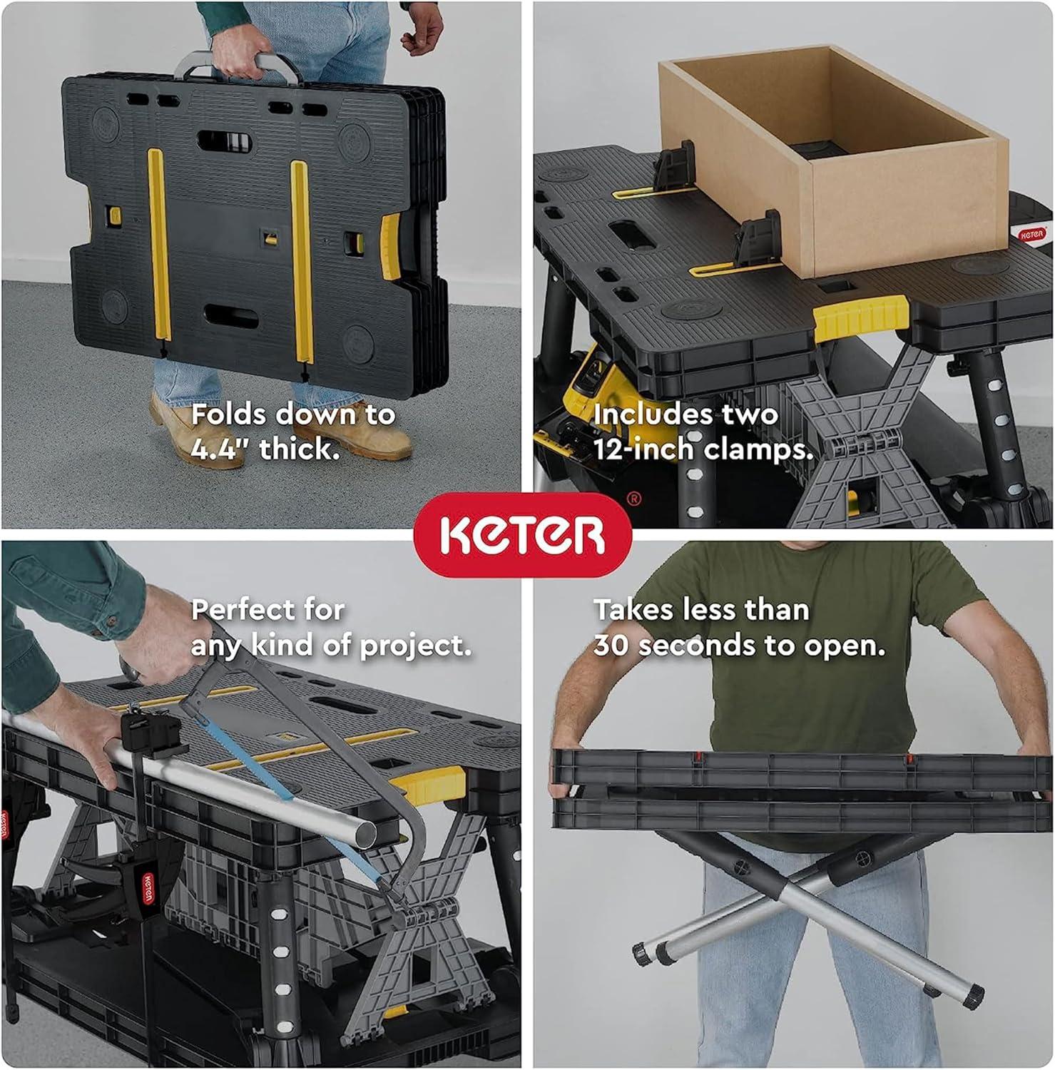 Keter Portable Folding Work Table Tool Storage Stand Workbench with 12 Inch Wood Clamps for Saws, Home Improvement, and Construction