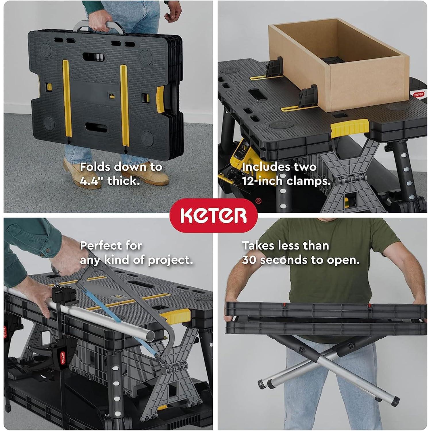 Keter Folding Portable Workbench Sawhorse with (2) 12" Clamps, Black and Yellow